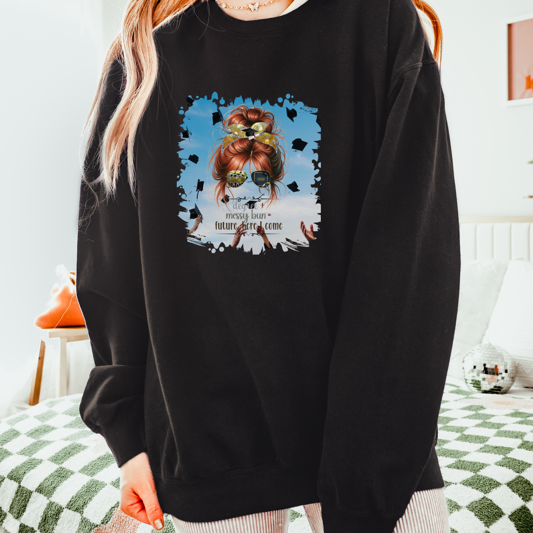 Degree + Messy Bun, Celebration, Red Hair Messy Bun, Unisex Lightweight Crewneck Sweatshirt