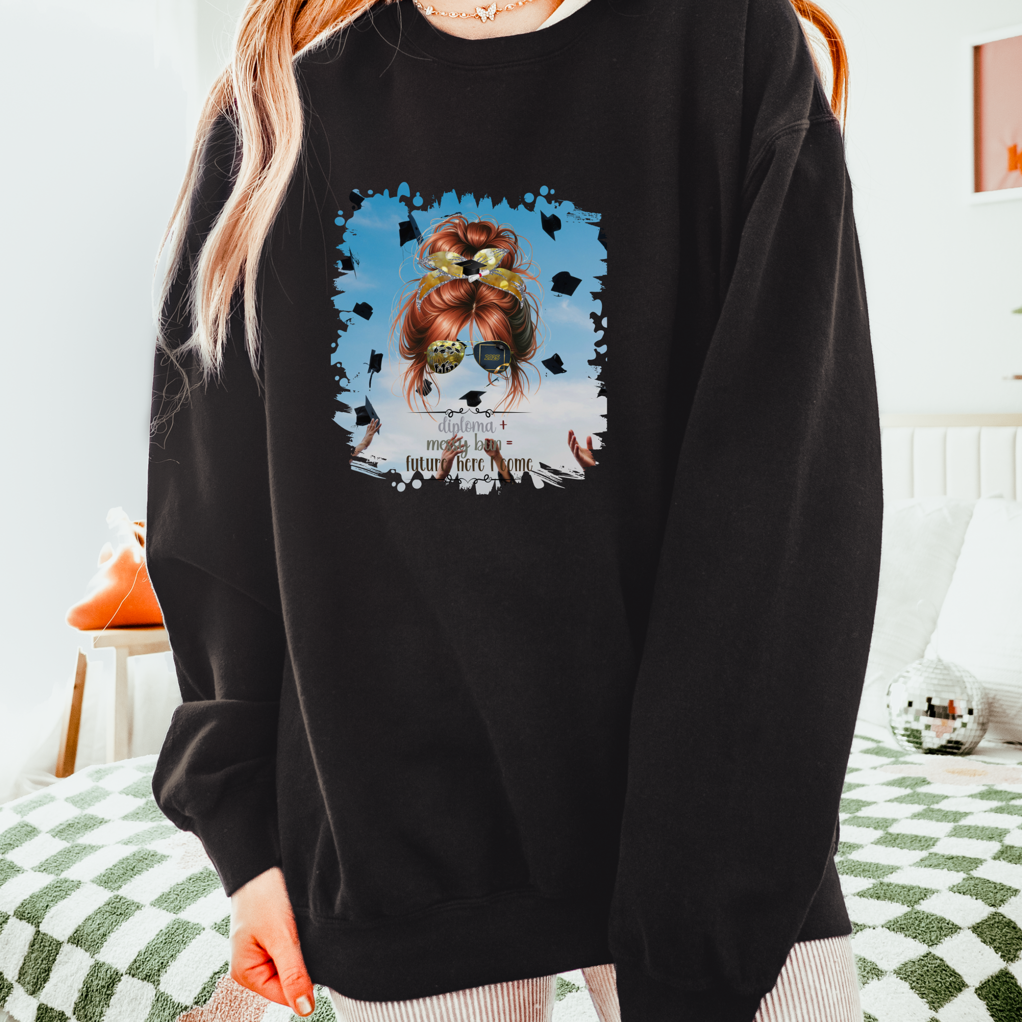 Diploma + Messy Bun, Celebration, Red Hair Messy Bun, Unisex Lightweight Crewneck Sweatshirt