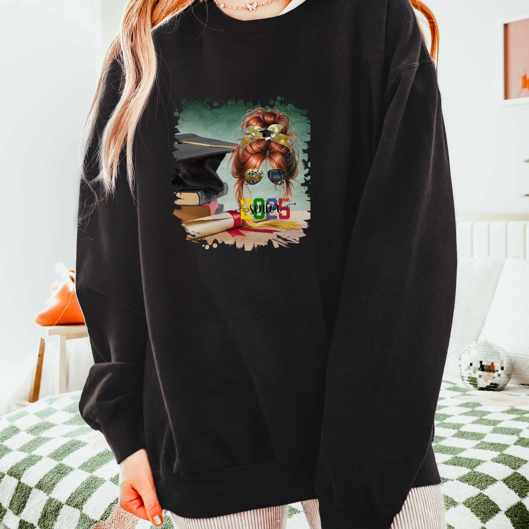 Senior 2025 Colorful, Cap & Degree/Diploma, Red Hair Messy Bun, Unisex Lightweight Crewneck Sweatshirt