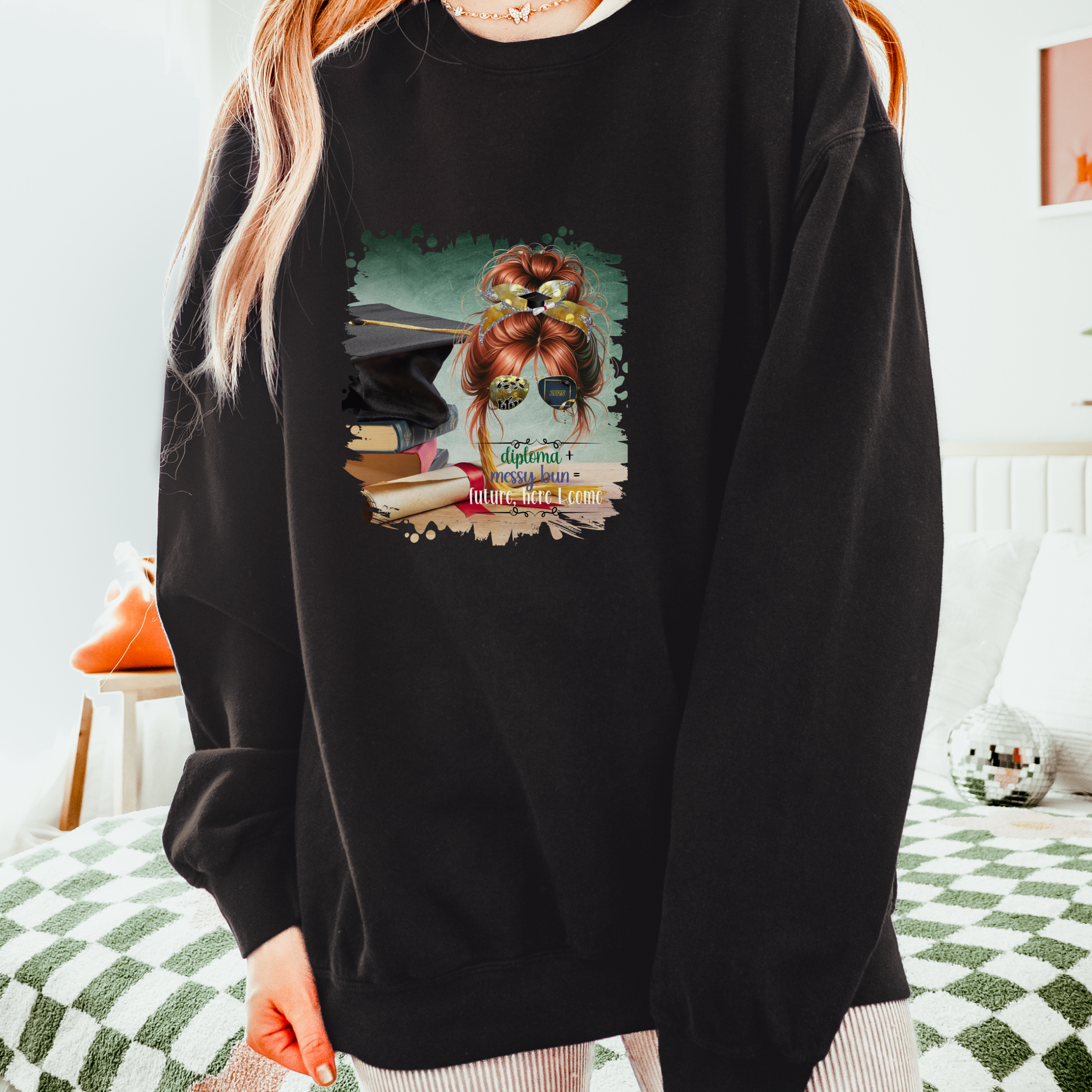 Diploma + Messy Bun, Cap & Degree/Diploma, Red Hair Messy Bun, Unisex Lightweight Crewneck Sweatshirt