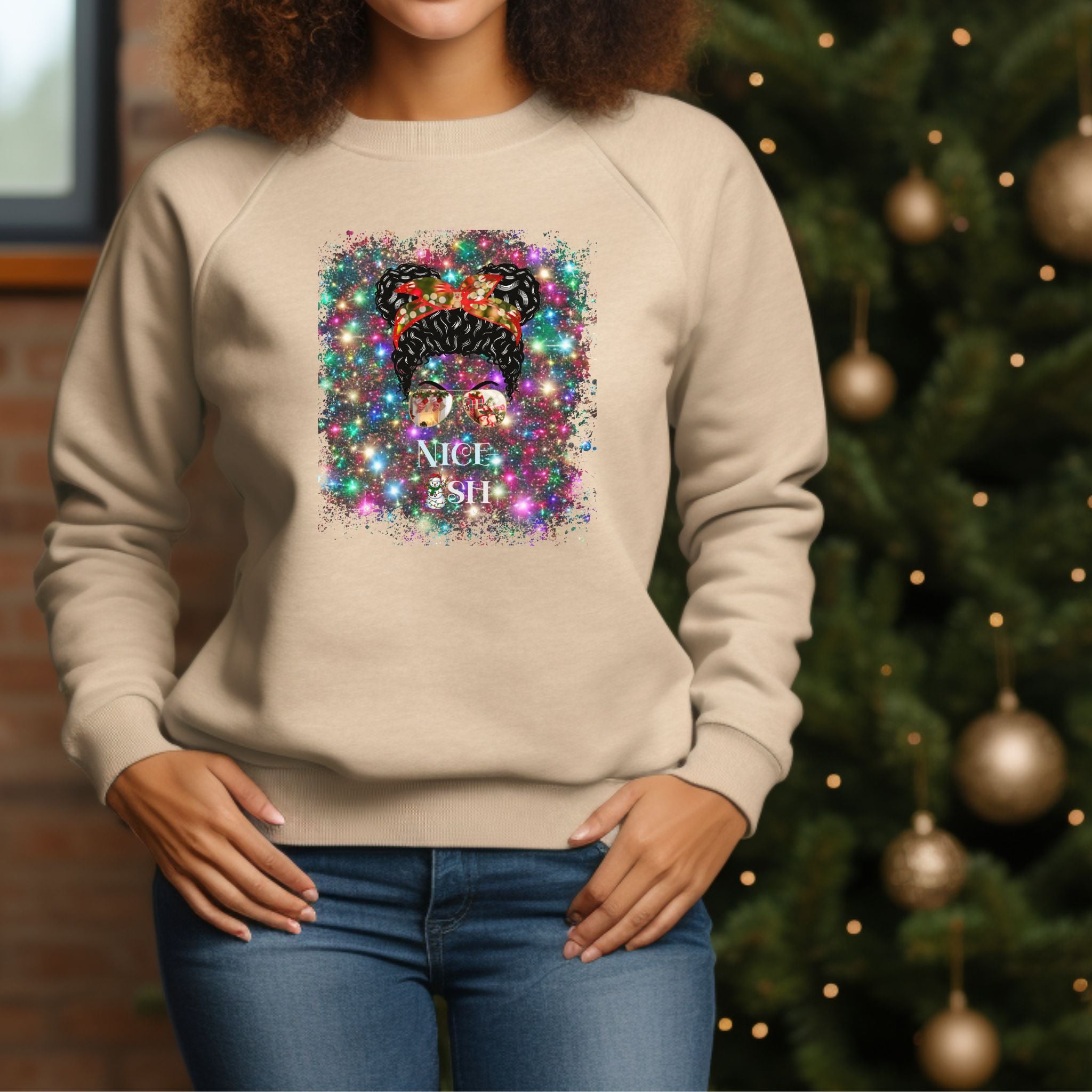 Nice-ish Christmas Lights, Black Hair Messy Bun, Unisex Heavy Blend™ Crewneck Sweatshirt