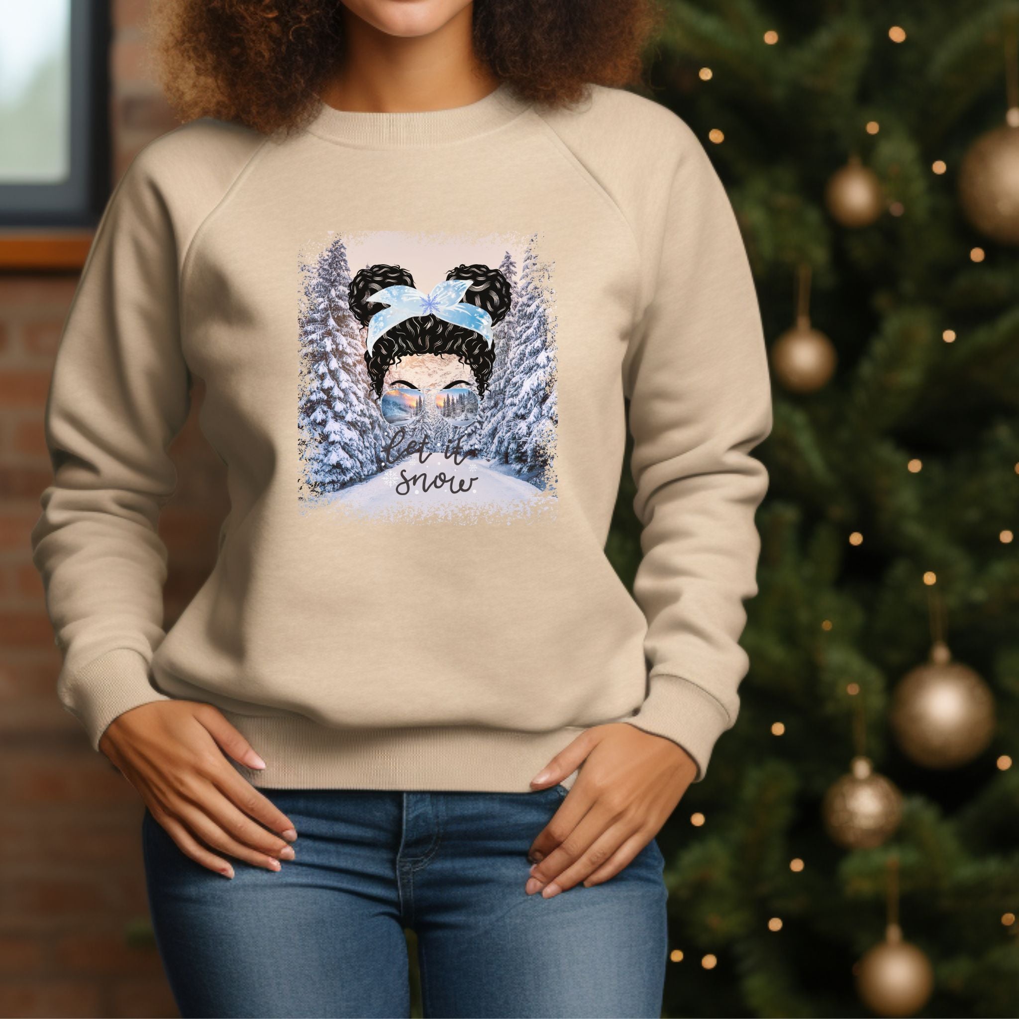 Let it Snow Winter Trail, Black Hair Messy Bun, Unisex Heavy Blend™ Crewneck Sweatshirt