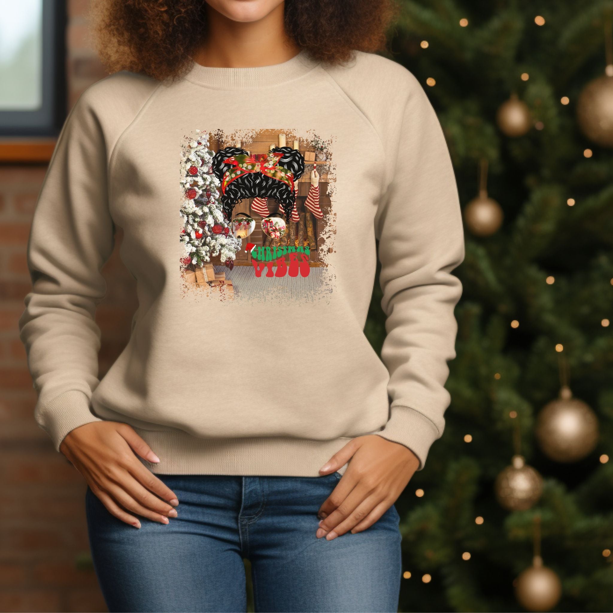 Christmas Vibes Christmas Home, Black Hair Messy Bun, Unisex Heavy Blend™ Crewneck Sweatshirt