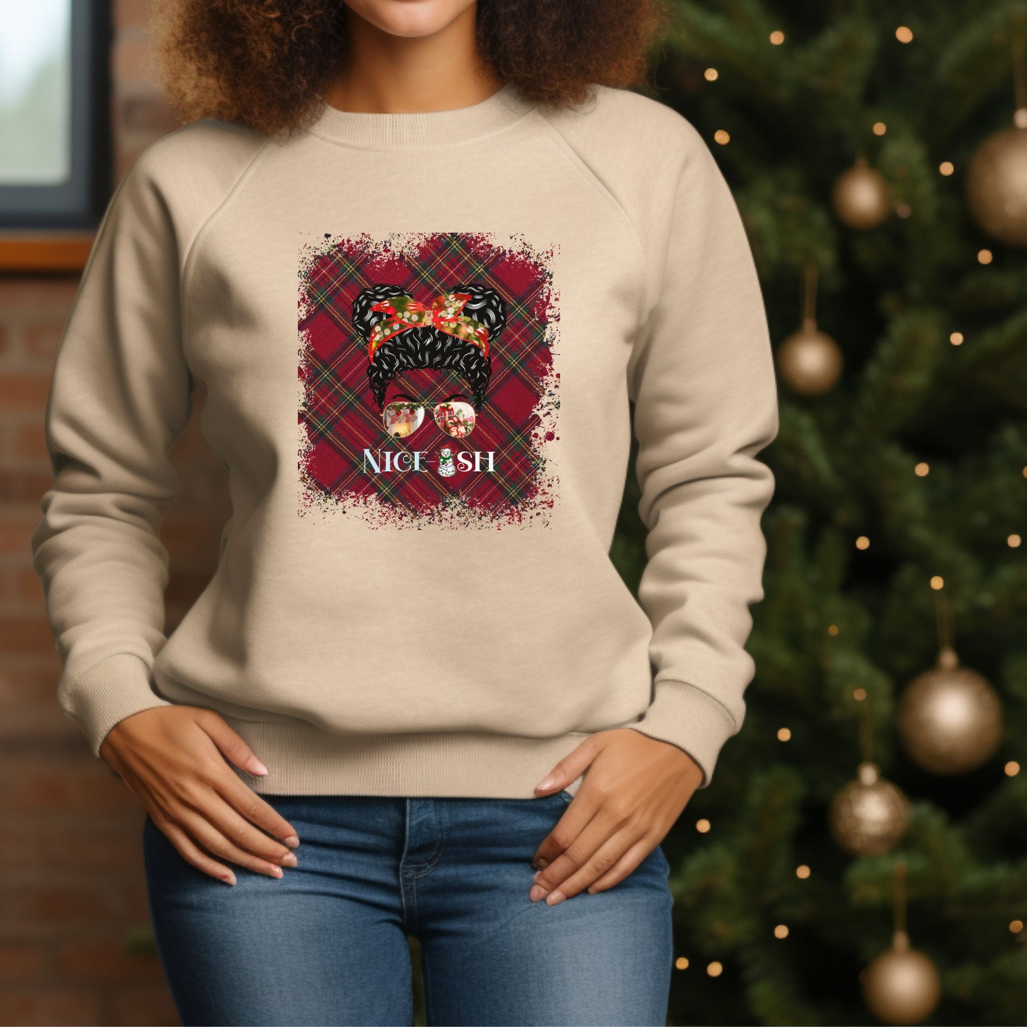 Nice-ish Christmas Plaid, Black Hair Messy Bun, Unisex Heavy Blend™ Crewneck Sweatshirt