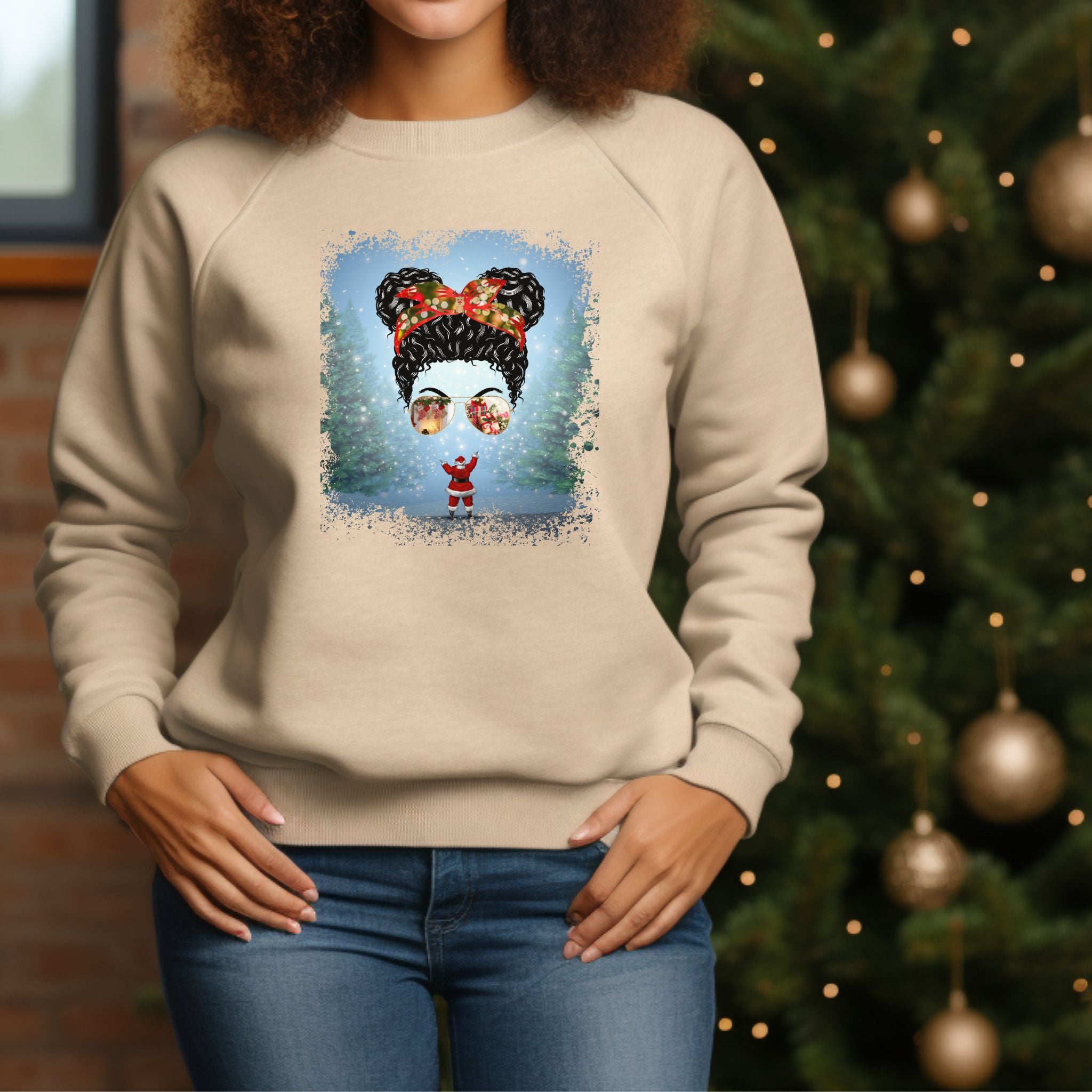 Santa, Black Hair Messy Bun, Unisex Heavy Blend™ Crewneck Sweatshirt