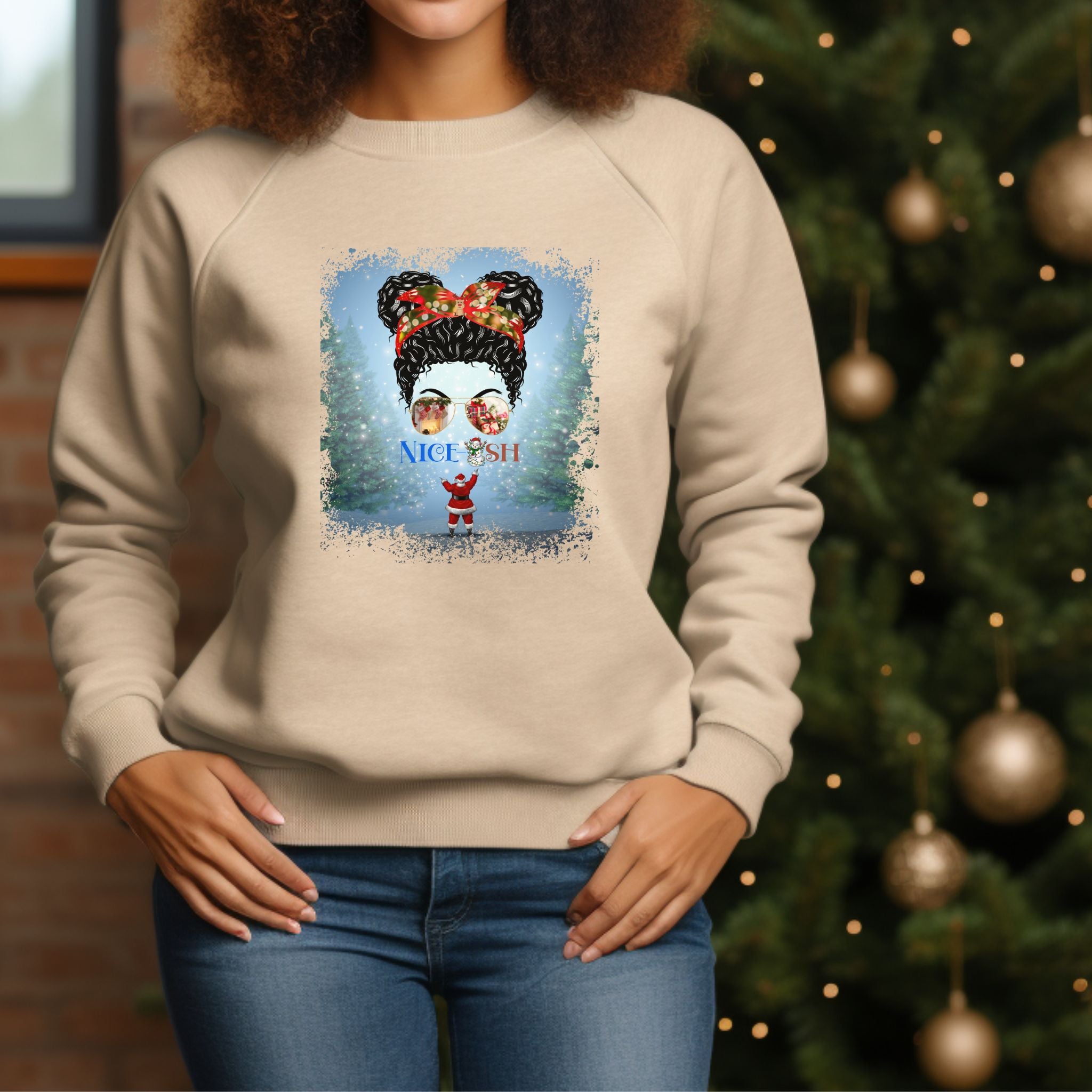 Nice-ish Santa, Black Hair Messy Bun, Unisex Heavy Blend™ Crewneck Sweatshirt