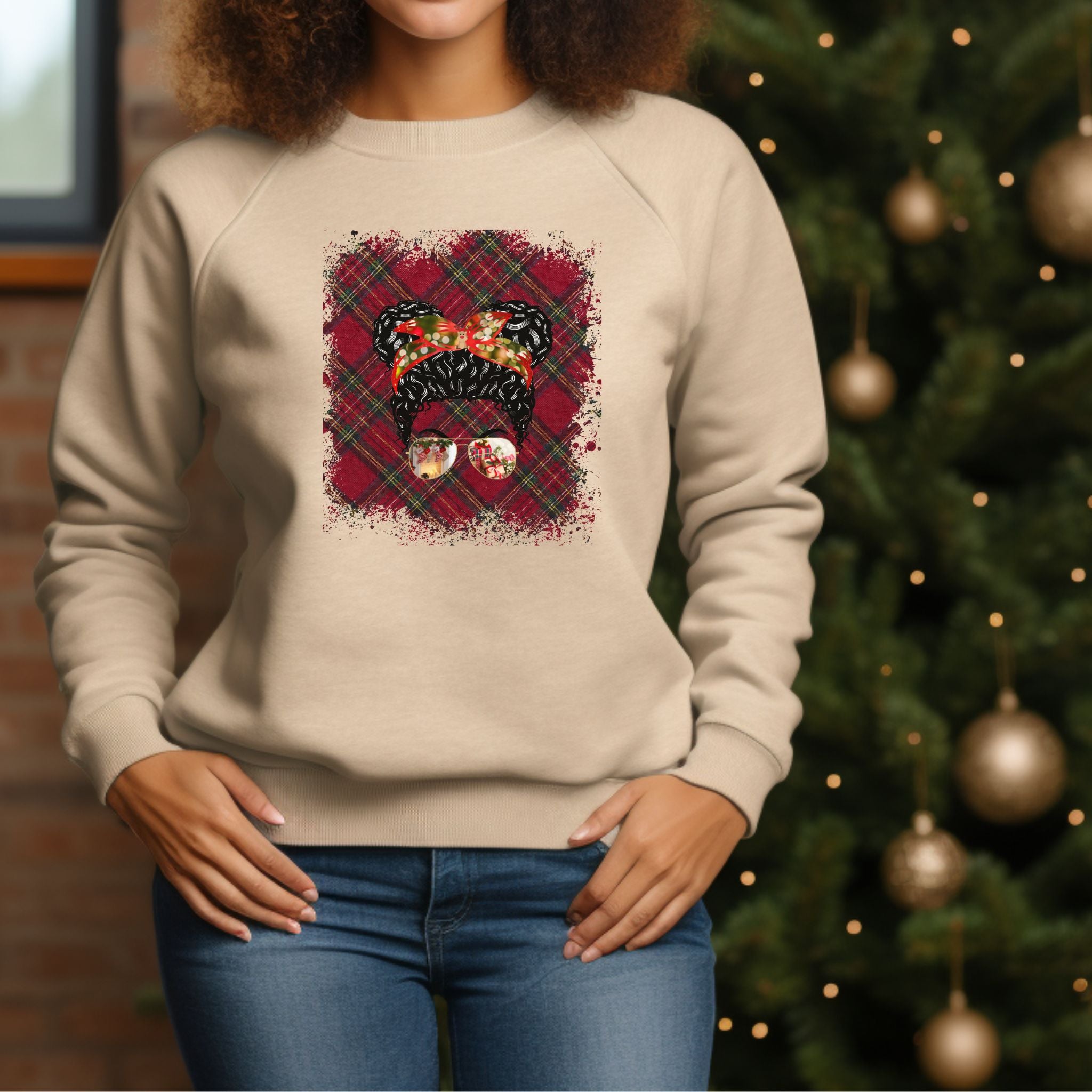 Christmas Plaid, Black Hair Messy Bun, Unisex Heavy Blend™ Crewneck Sweatshirt