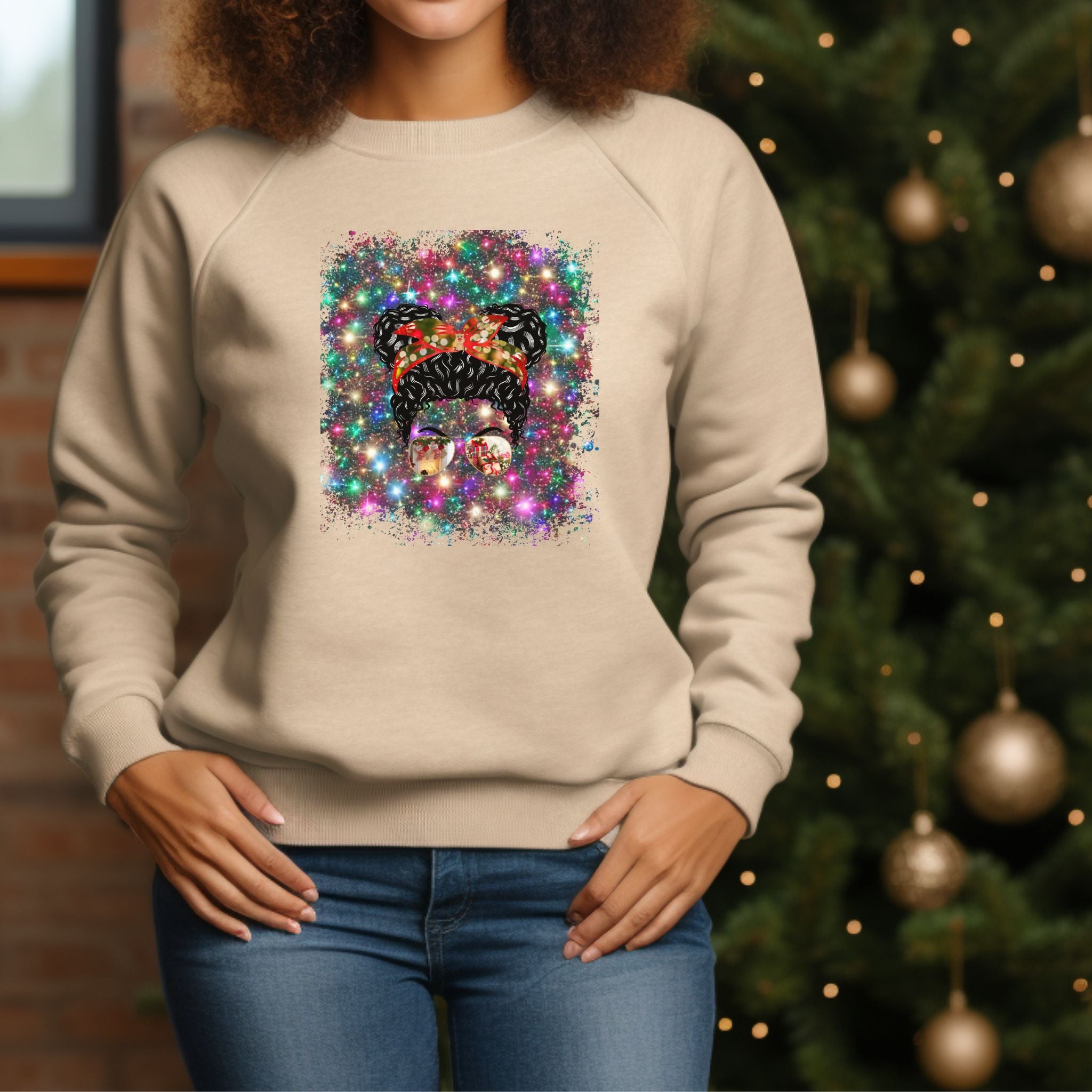 Christmas Lights, Black Hair Messy Bun, Unisex Heavy Blend™ Crewneck Sweatshirt