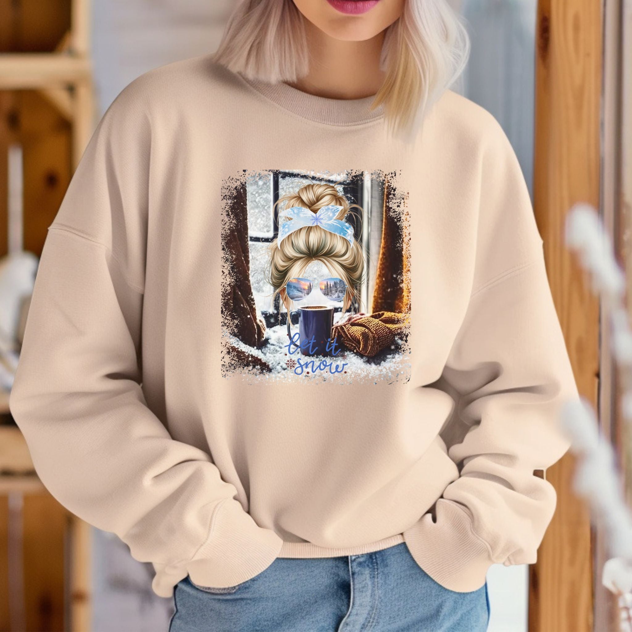 Let it Snow Winter Sweater, Blond Hair Messy Bun, Unisex Heavy Blend™ Crewneck Sweatshirt