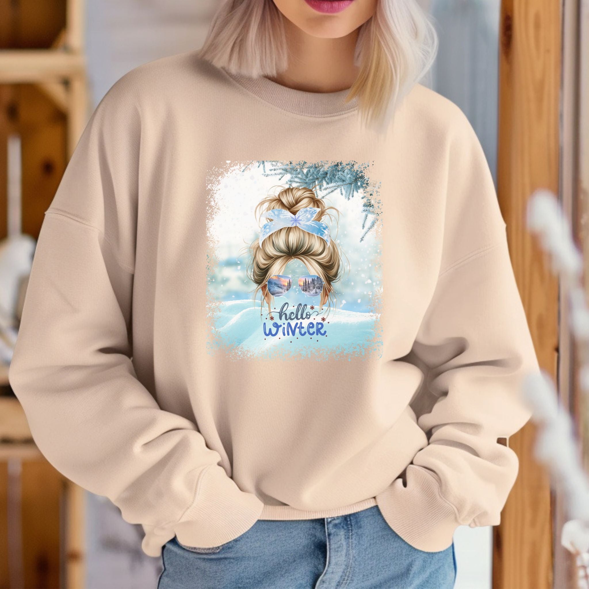 Hello Winter Snow, Blond Hair Messy Bun, Unisex Heavy Blend™ Crewneck Sweatshirt