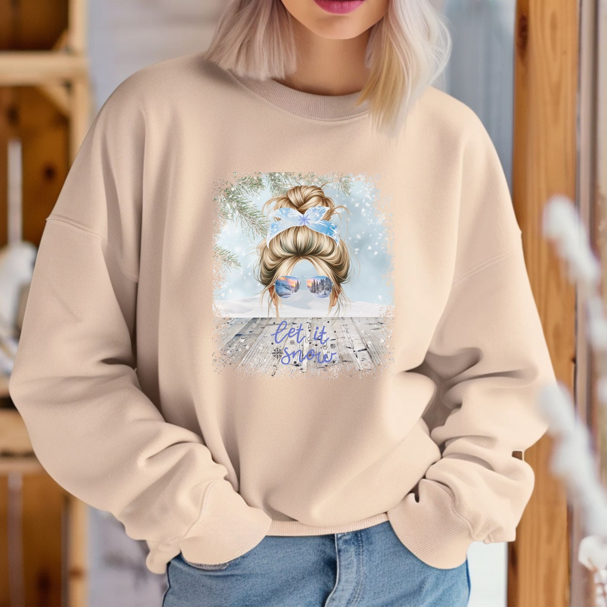 Let it Snow, Snowy Porch, Blond Hair Messy Bun, Unisex Heavy Blend™ Crewneck Sweatshirt