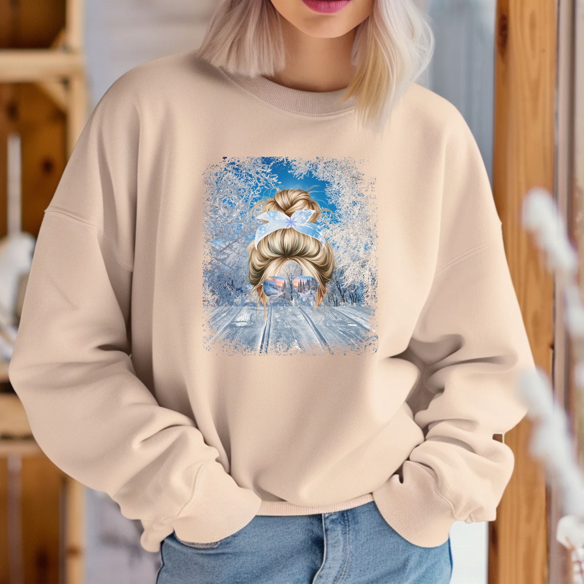 Winter Porch, Blond Hair Messy Bun, Unisex Heavy Blend™ Crewneck Sweatshirt