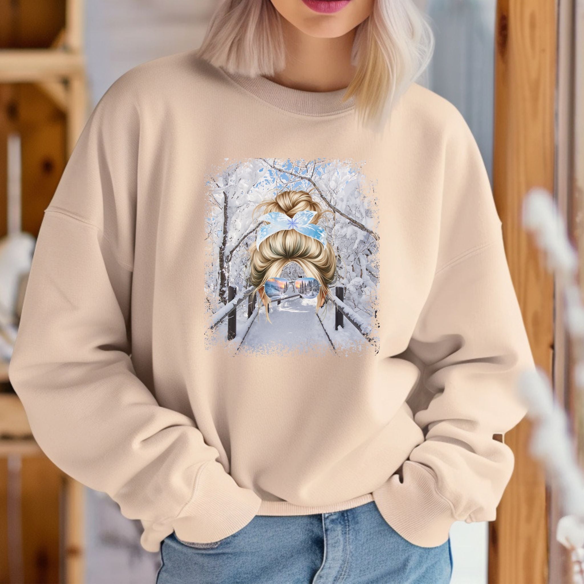 Winter Hike, Blond Hair Messy Bun, Unisex Heavy Blend™ Crewneck Sweatshirt