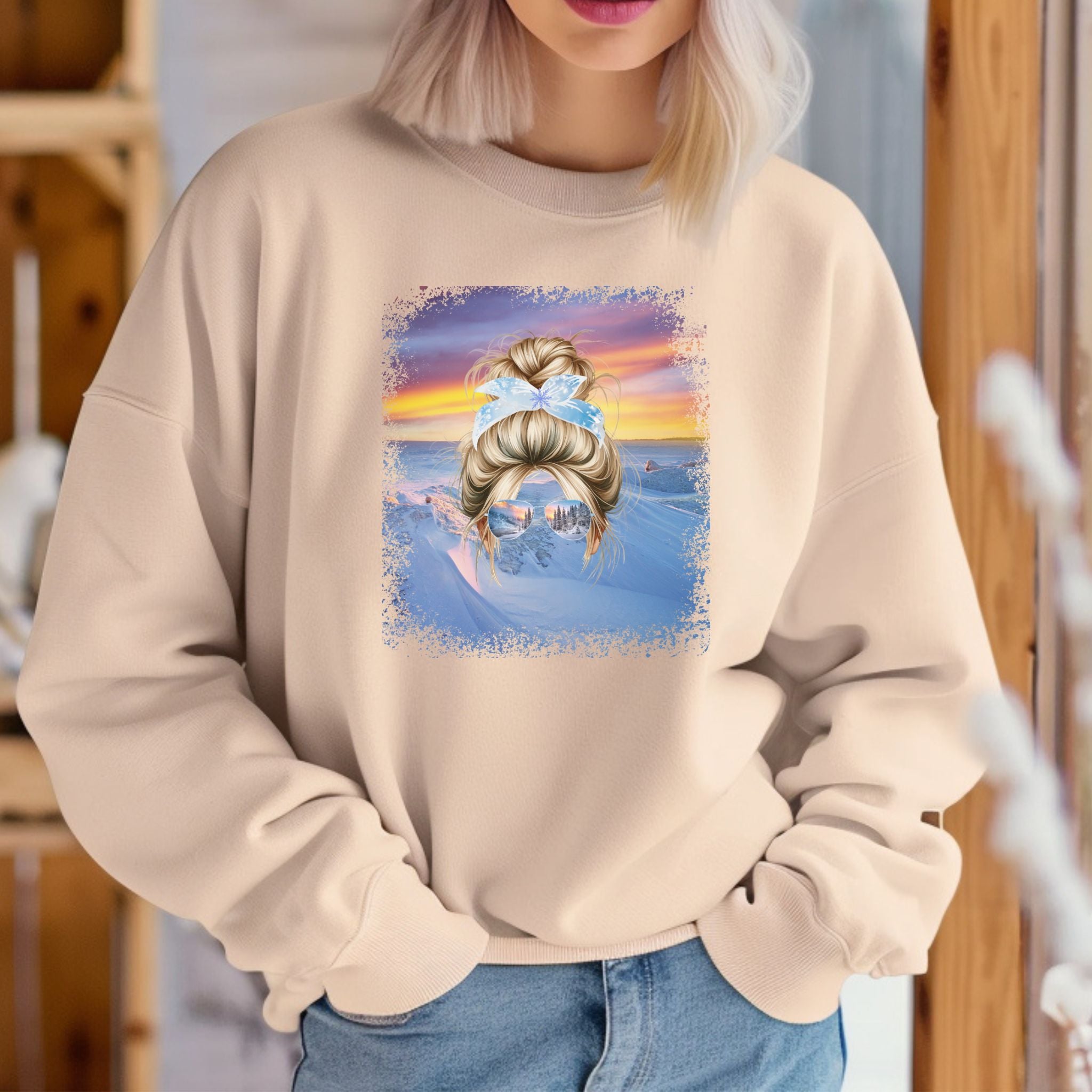 Winter Mountain, Blond Hair Messy Bun, Unisex Heavy Blend™ Crewneck Sweatshirt