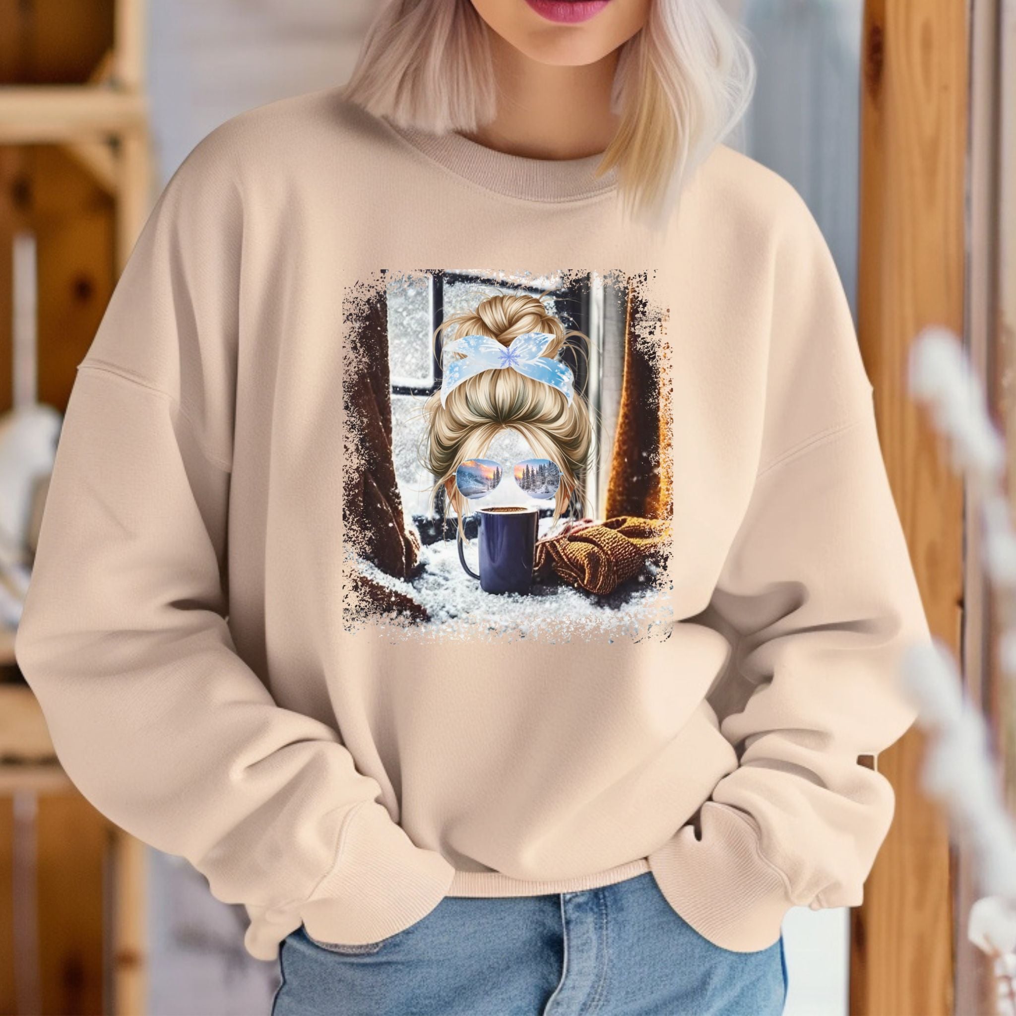 Winter Sweater, Blond Hair Messy Bun, Unisex Heavy Blend™ Crewneck Sweatshirt