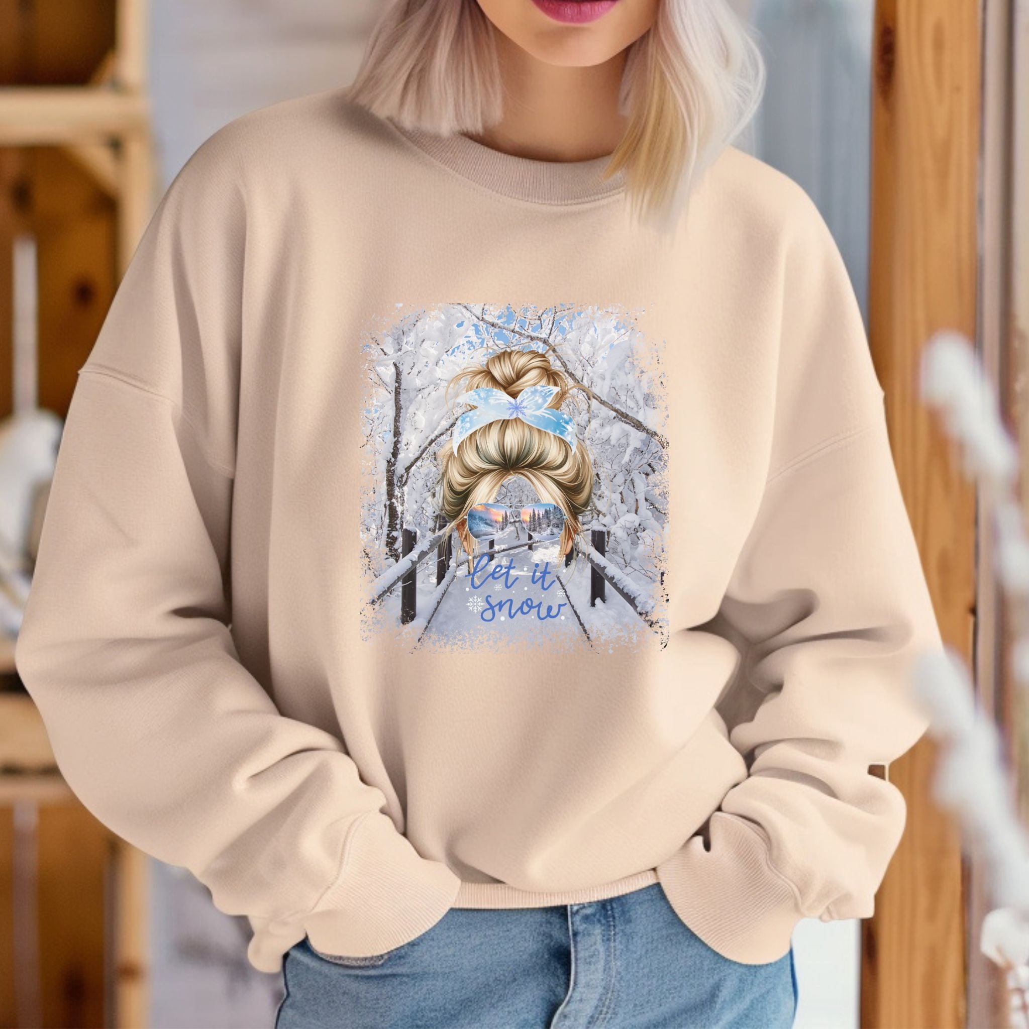 Let it Snow, Winter Hike, Blond Hair Messy Bun, Unisex Heavy Blend™ Crewneck Sweatshirt