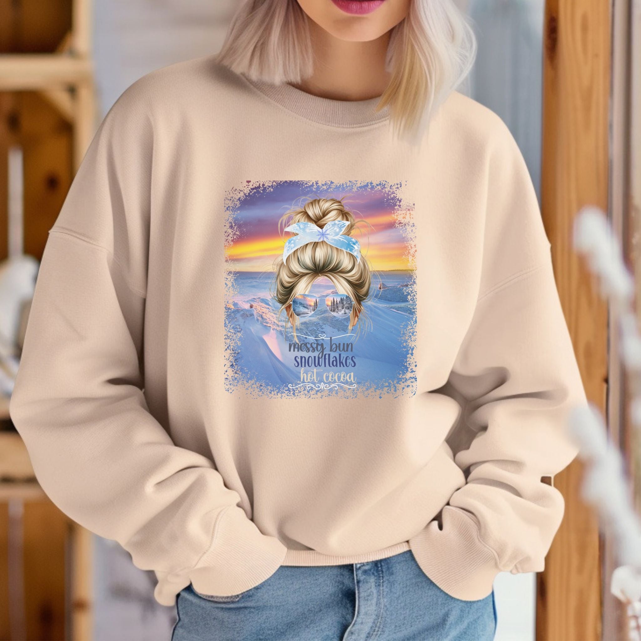 Messy Bun Winter Mountain, Blond Hair Messy Bun, Unisex Heavy Blend™ Crewneck Sweatshirt