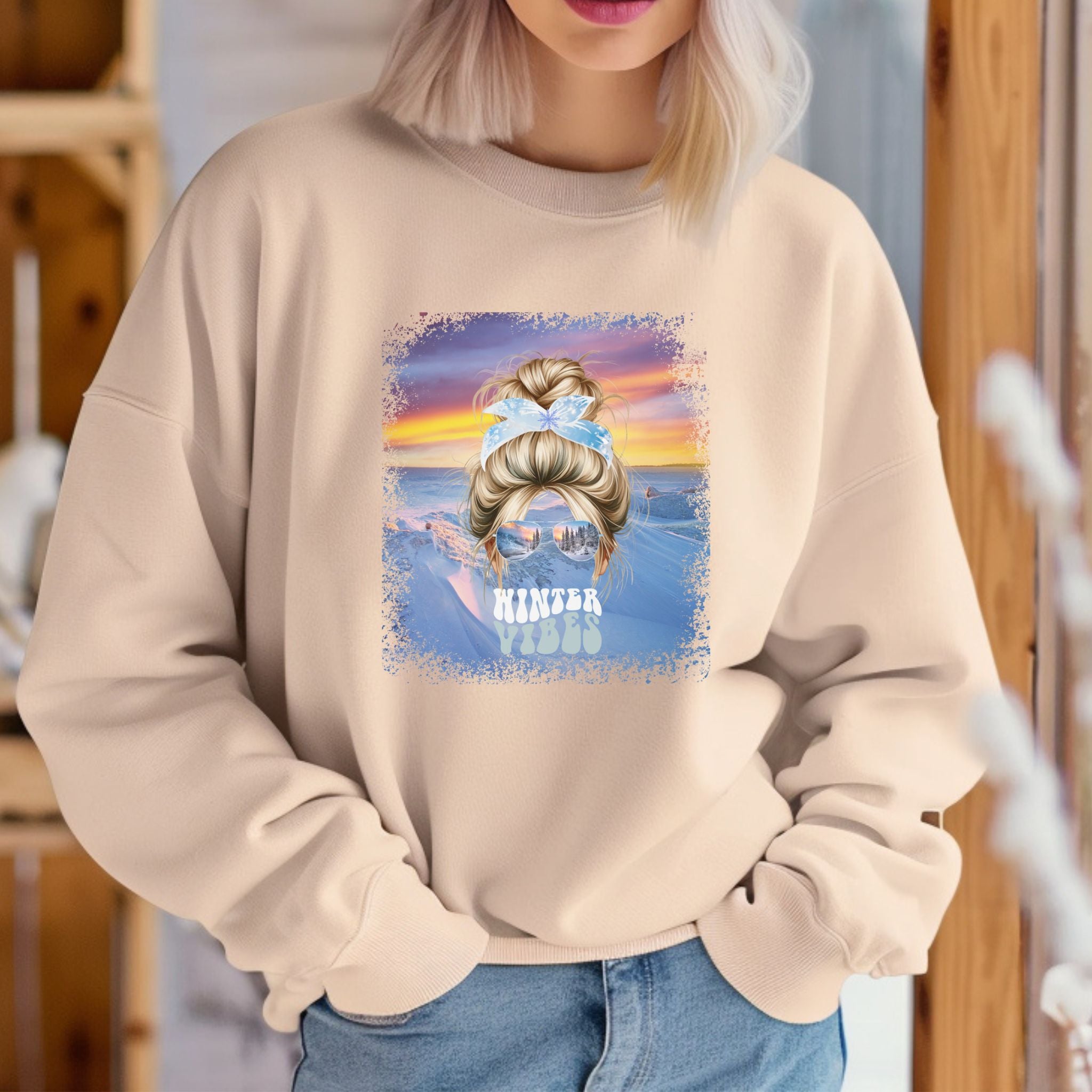 Winter Vibes Winter Mountain, Blond Hair Messy Bun, Unisex Heavy Blend™ Crewneck Sweatshirt