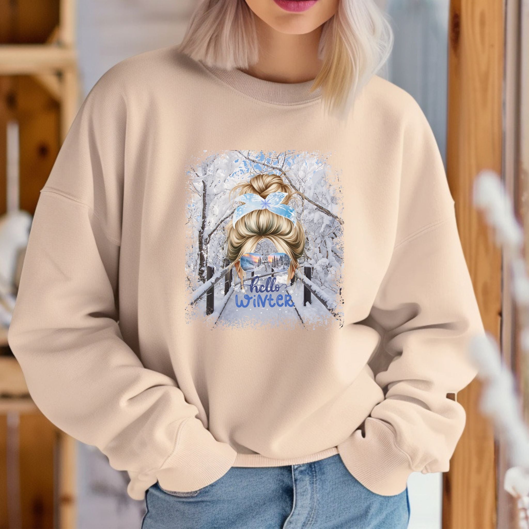 Hello Winter, Winter Hike, Blond Hair Messy Bun, Unisex Heavy Blend™ Crewneck Sweatshirt