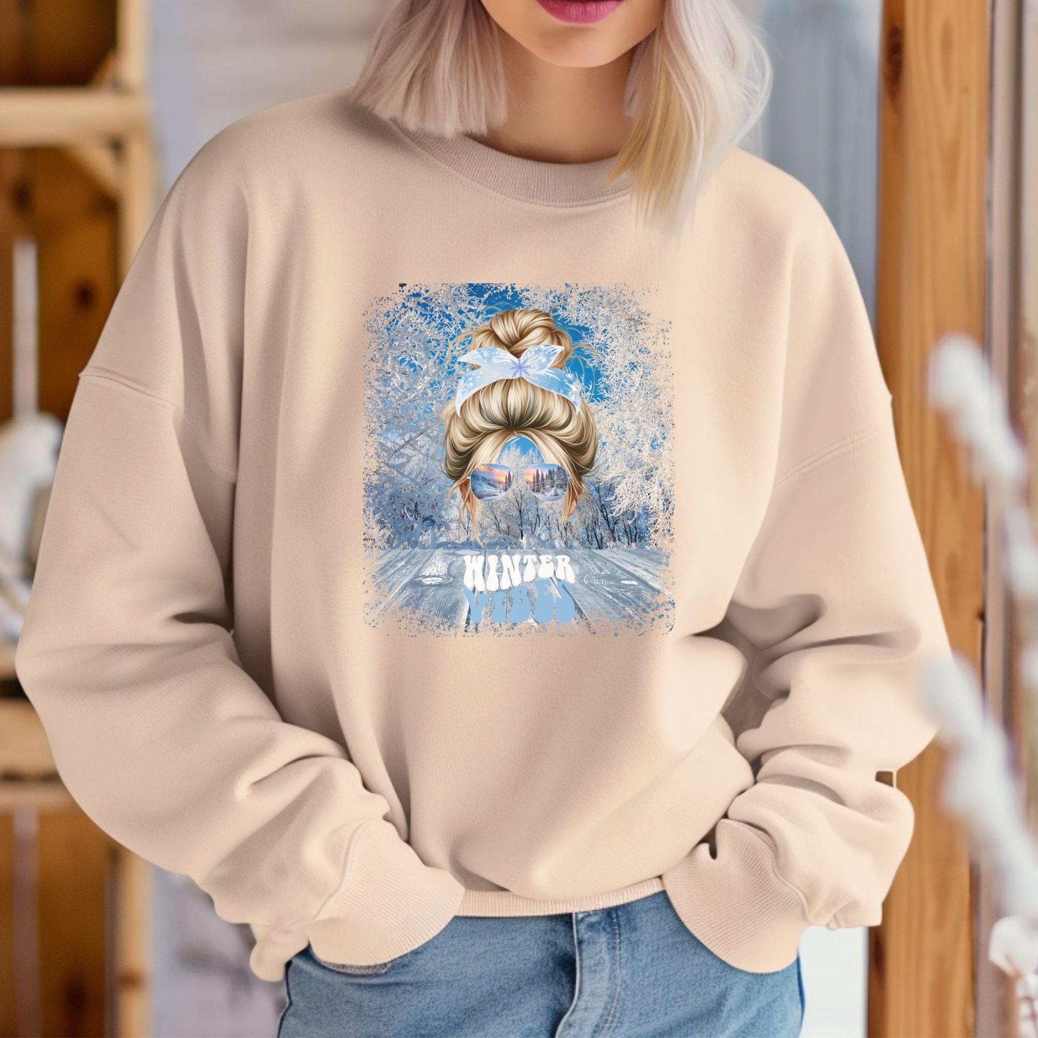 Winter Vibes Winter Porch, Blond Hair Messy Bun, Unisex Heavy Blend™ Crewneck Sweatshirt