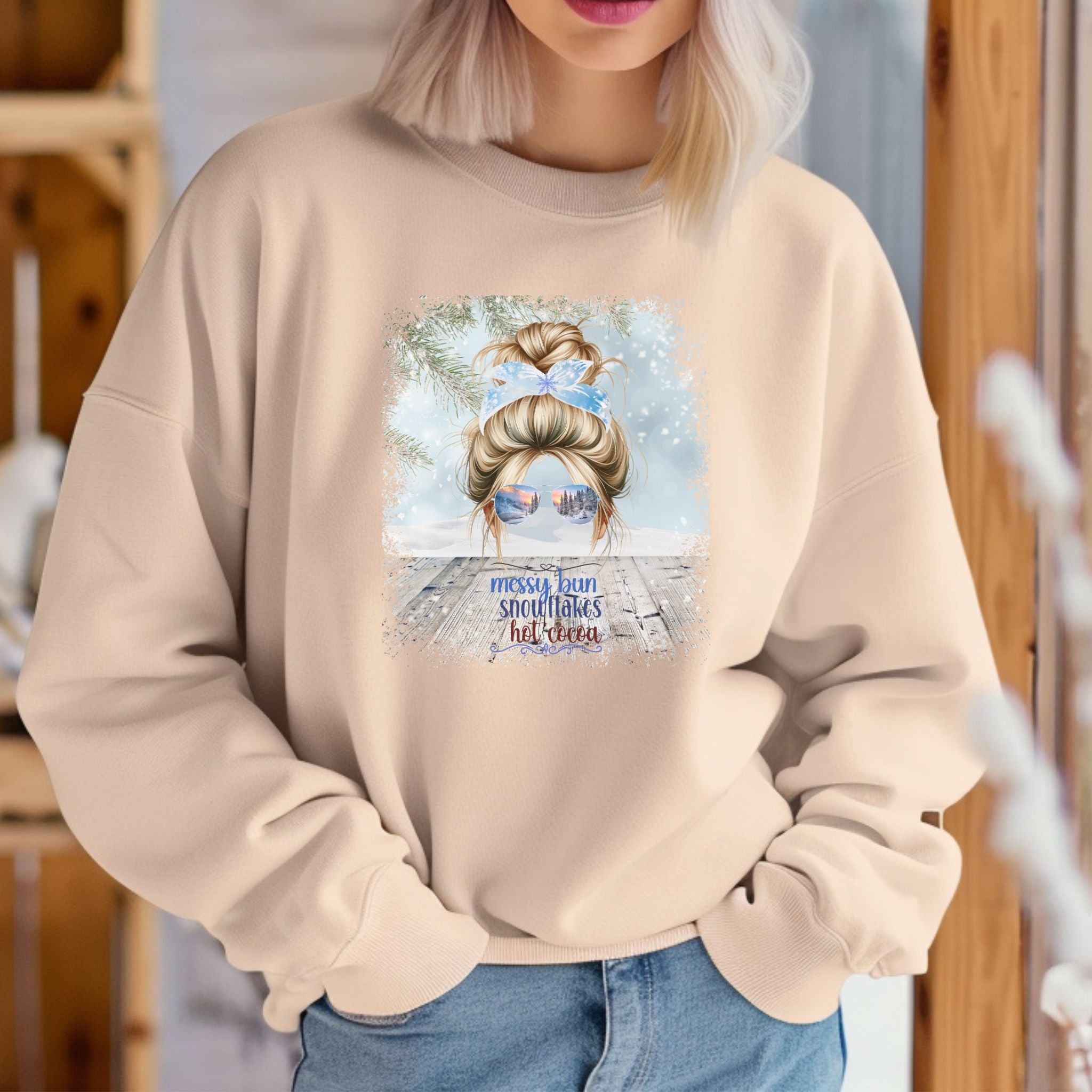 Messy Bun Snowy Porch, Blond Hair Messy Bun, Unisex Heavy Blend™ Crewneck Sweatshirt