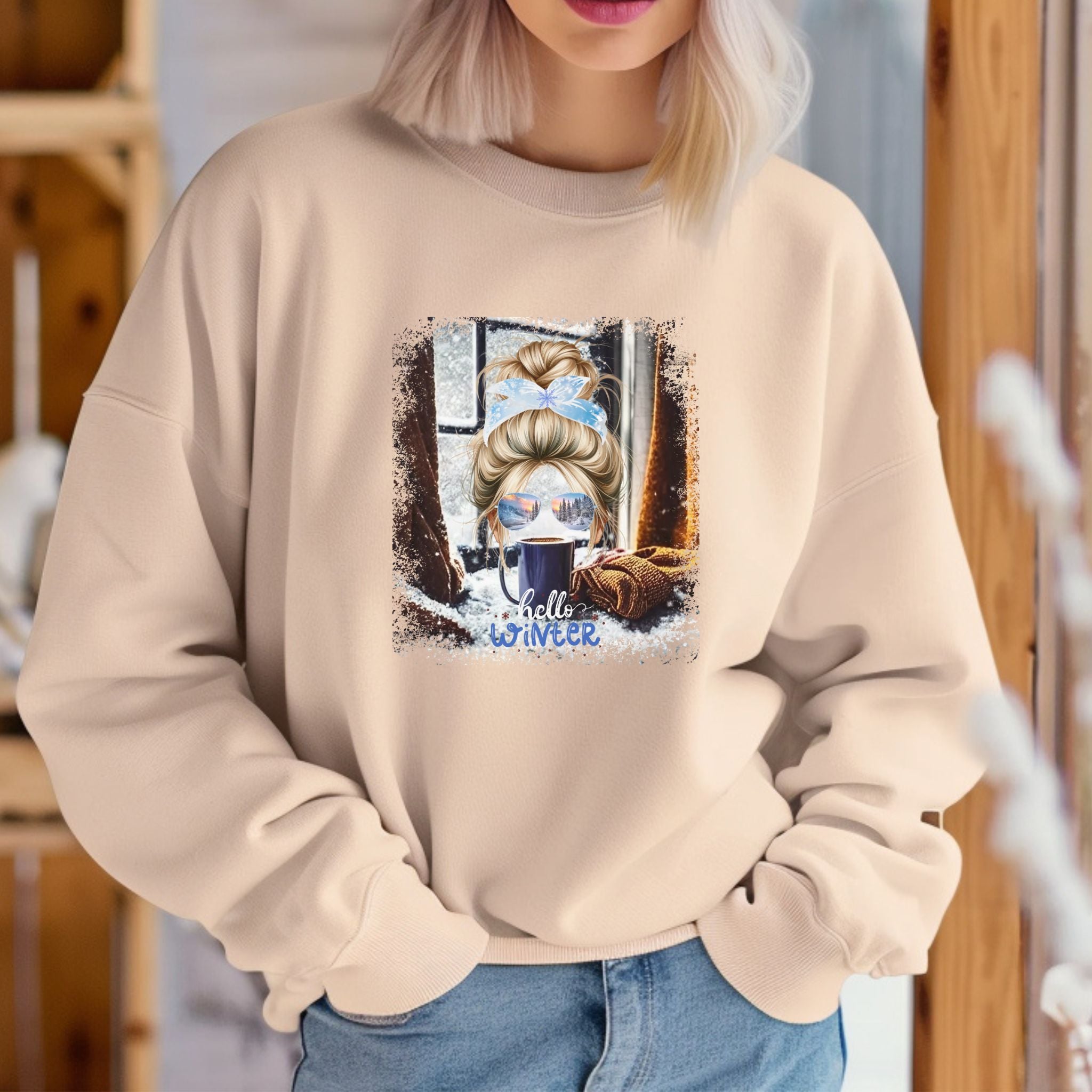 Hello Winter, Winter Sweater, Blond Hair Messy Bun, Unisex Heavy Blend™ Crewneck Sweatshirt