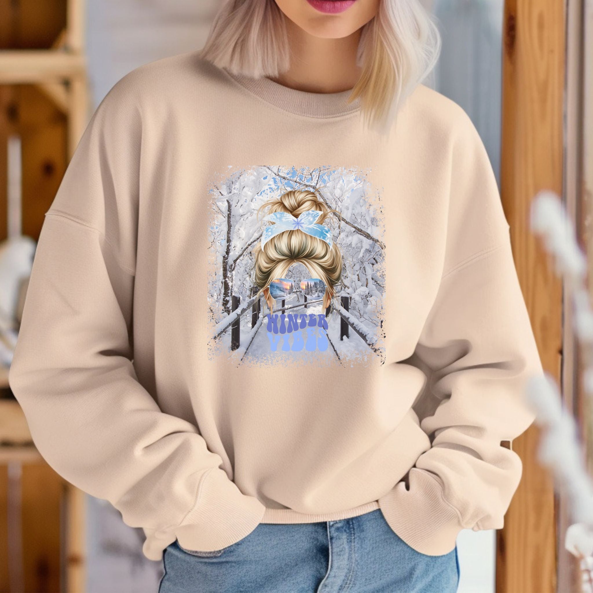 Winter Vibes Winter Hike, Blond Hair Messy Bun, Unisex Heavy Blend™ Crewneck Sweatshirt