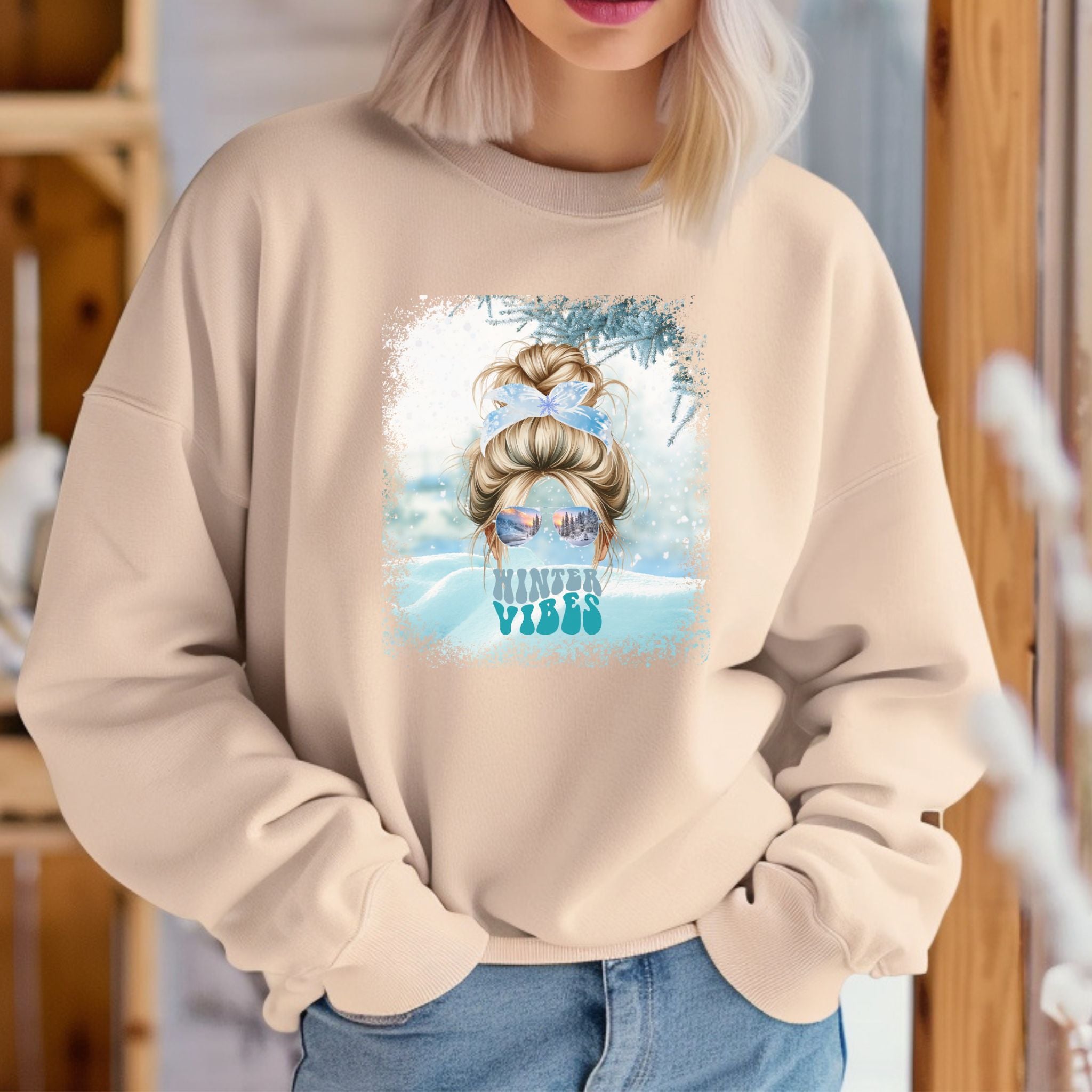 Winter Vibes Snow, Blond Hair Messy Bun, Unisex Heavy Blend™ Crewneck Sweatshirt