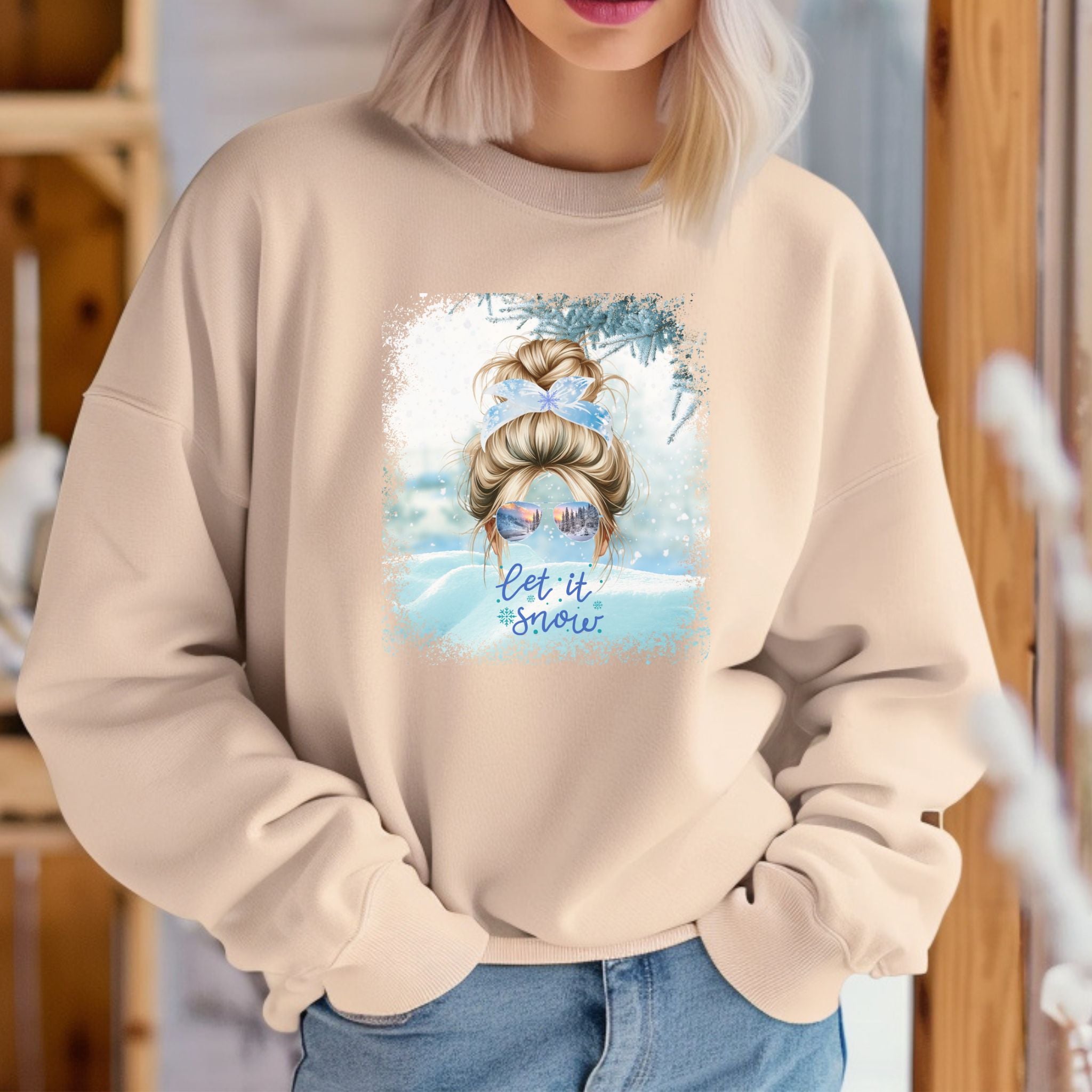 Let it Snow, Snow, Blond Hair Messy Bun, Unisex Heavy Blend™ Crewneck Sweatshirt