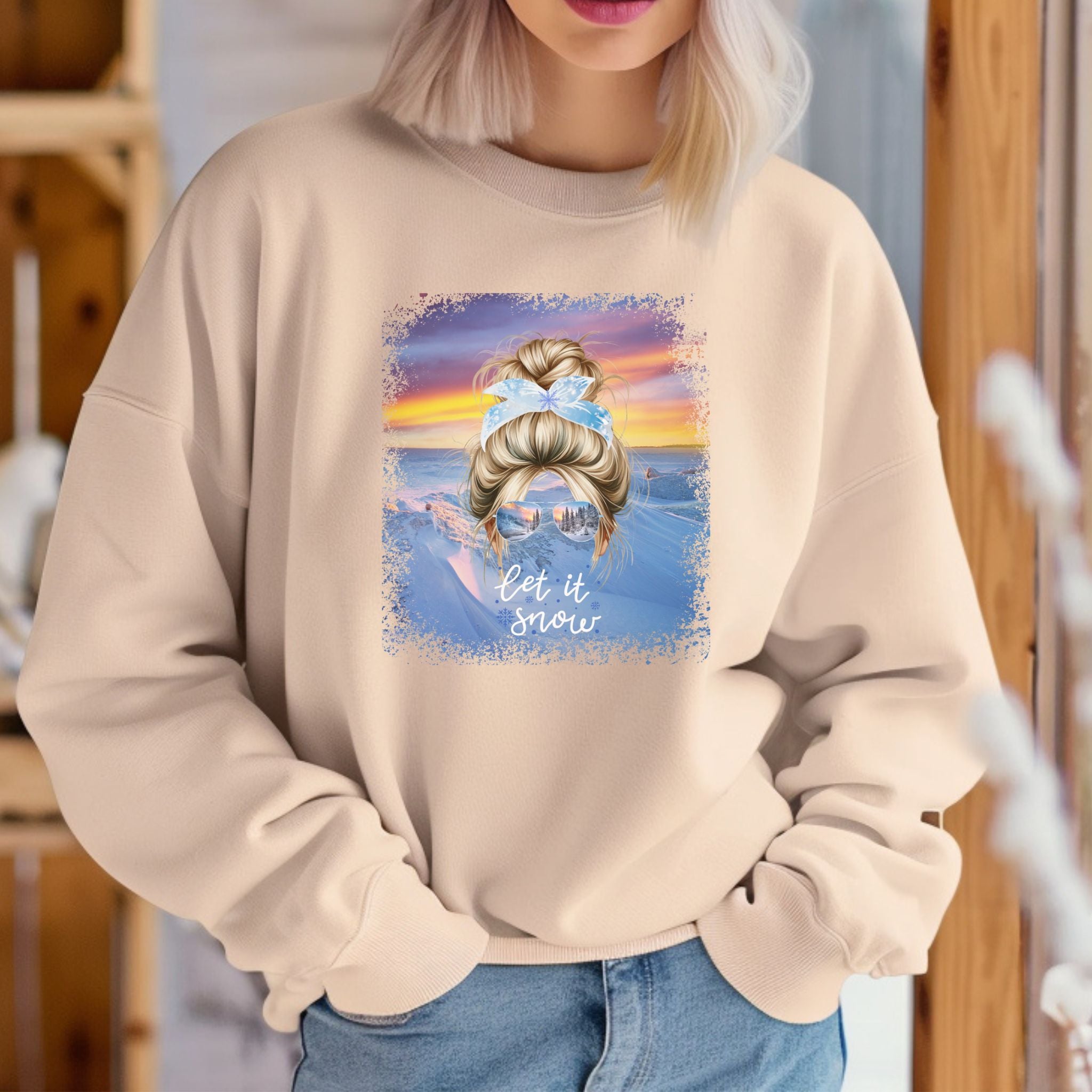 Let it Snow Winter Mountain, Blond Hair Messy Bun, Unisex Heavy Blend™ Crewneck Sweatshirt