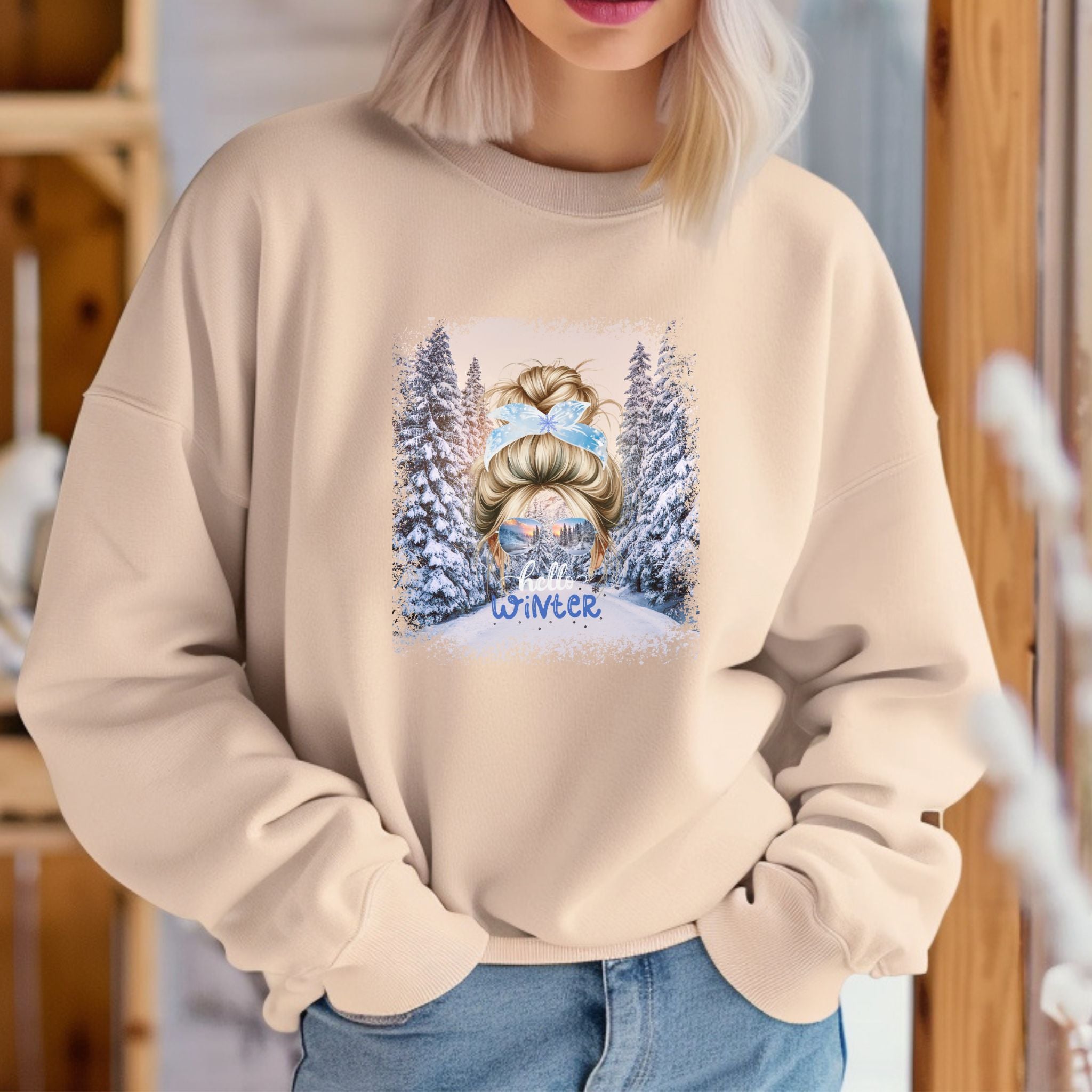 Hello Winter, Winter Trail, Blond Hair Messy Bun, Unisex Heavy Blend™ Crewneck Sweatshirt