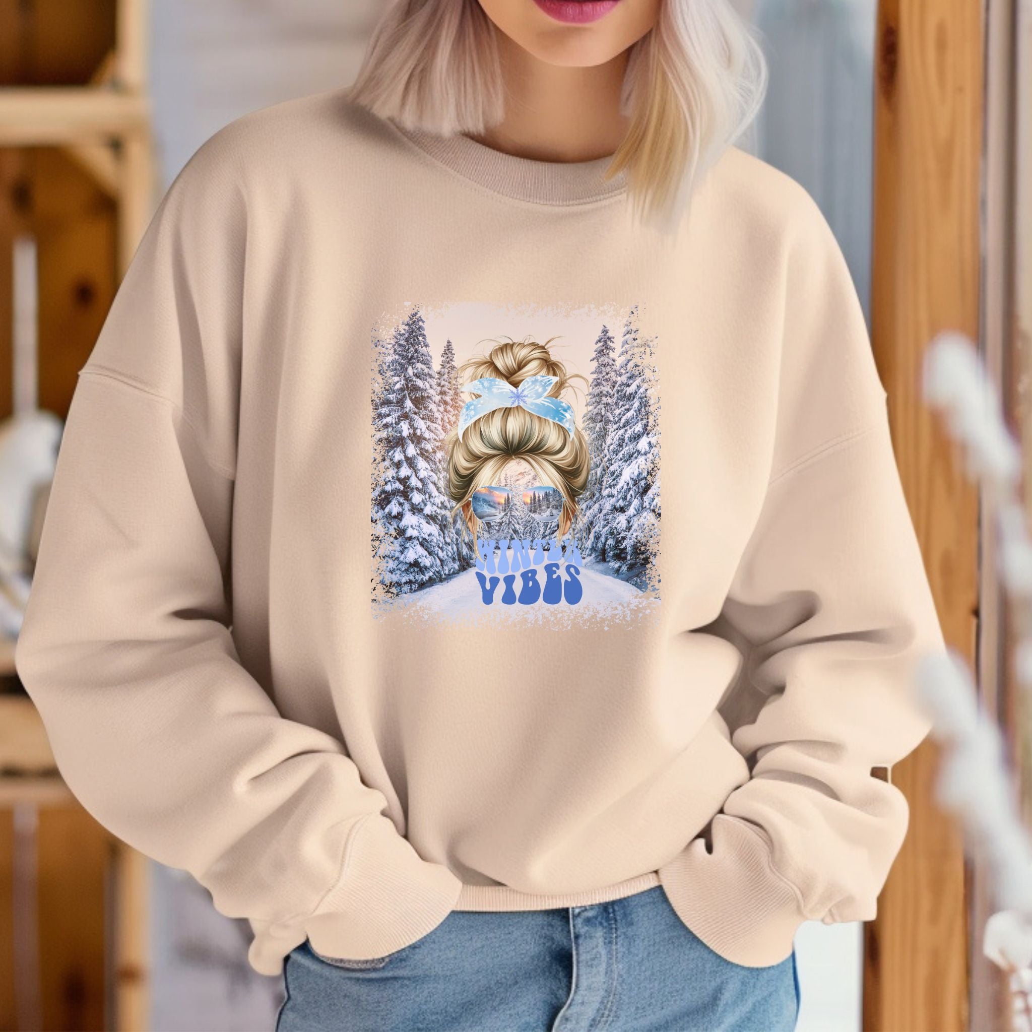 Winter Vibes Winter Trail, Blond Hair Messy Bun, Unisex Heavy Blend™ Crewneck Sweatshirt