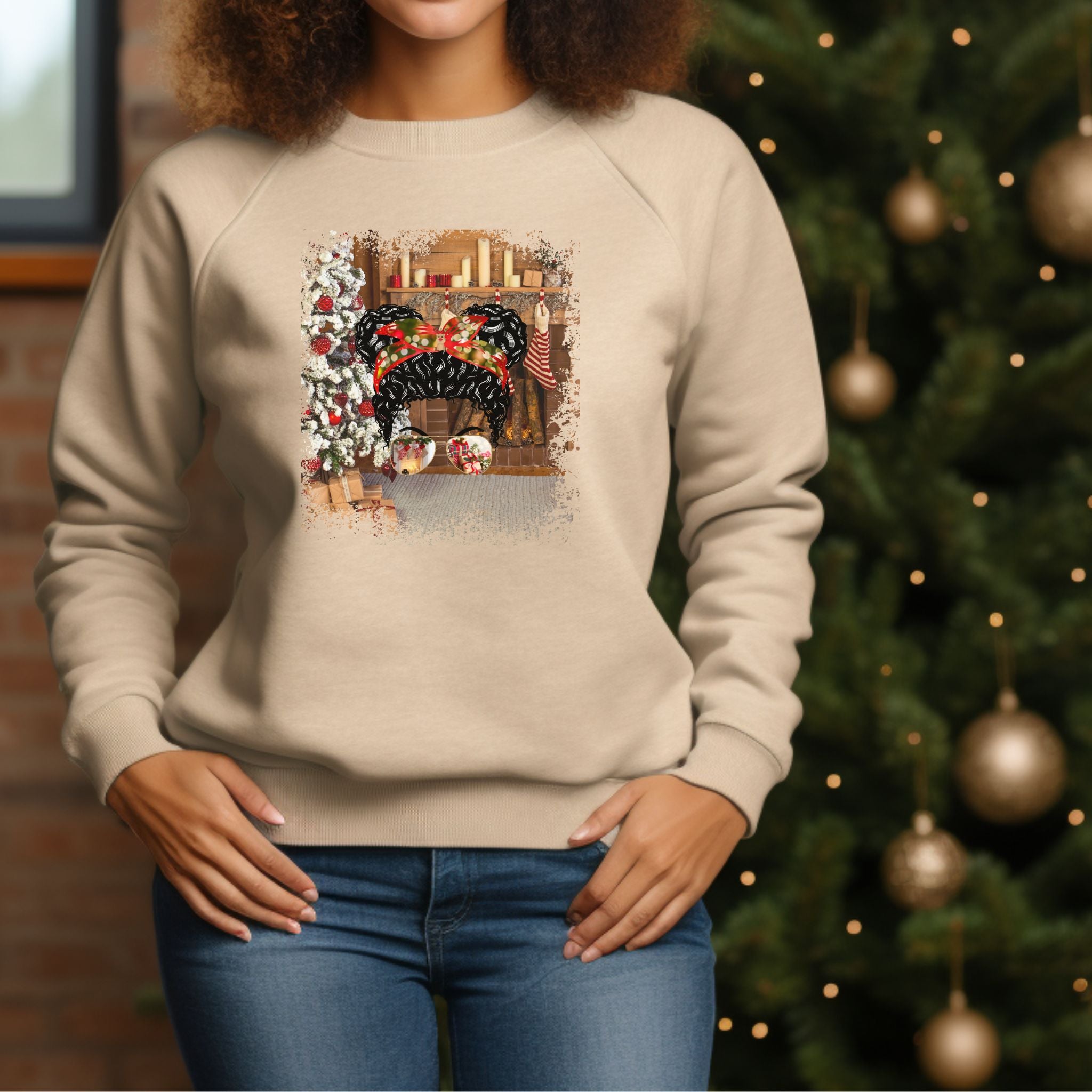 Christmas Home, Black Hair Messy Bun, Unisex Heavy Blend™ Crewneck Sweatshirt