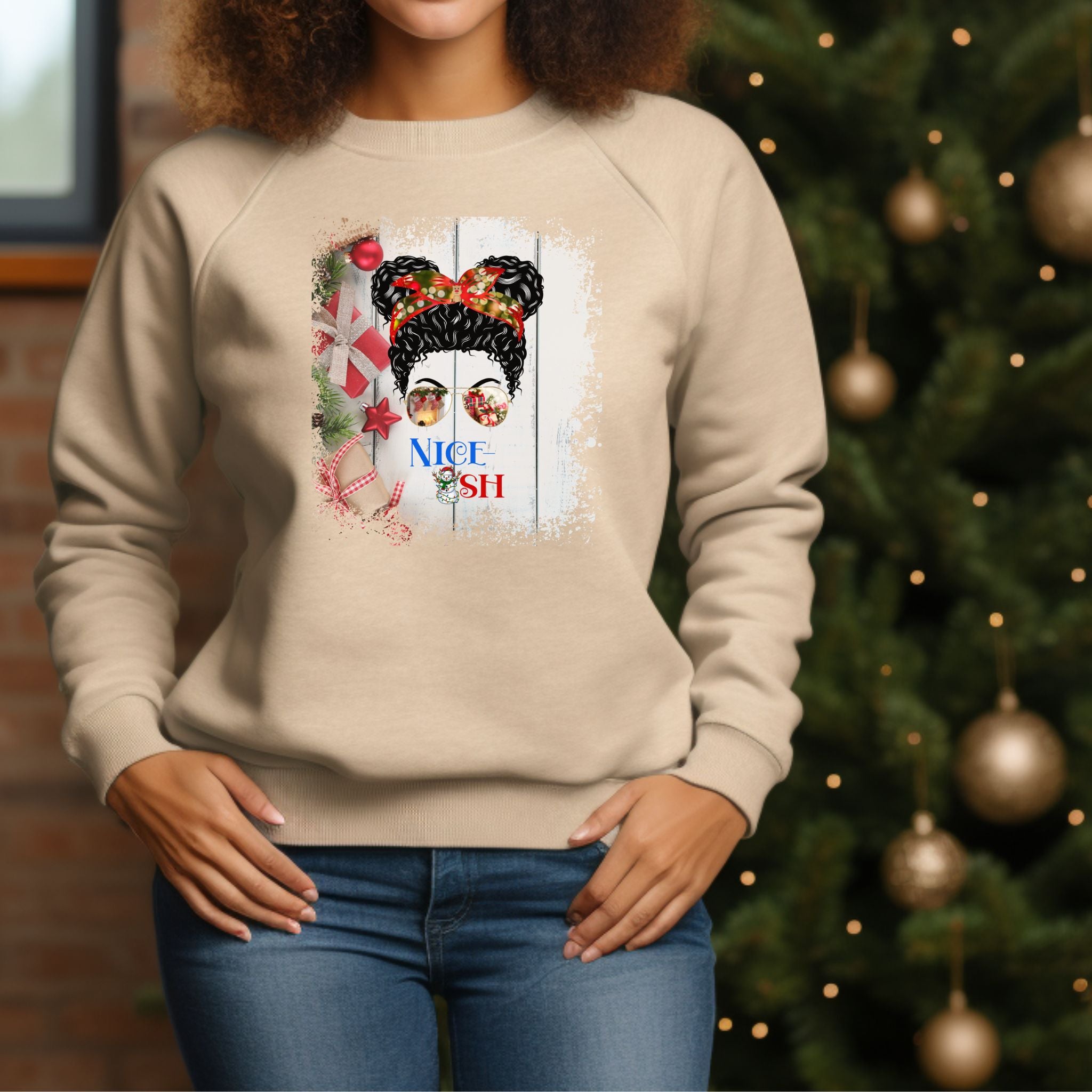 Nice-ish Christmas Presents, Black Hair Messy Bun, Unisex Heavy Blend™ Crewneck Sweatshirt