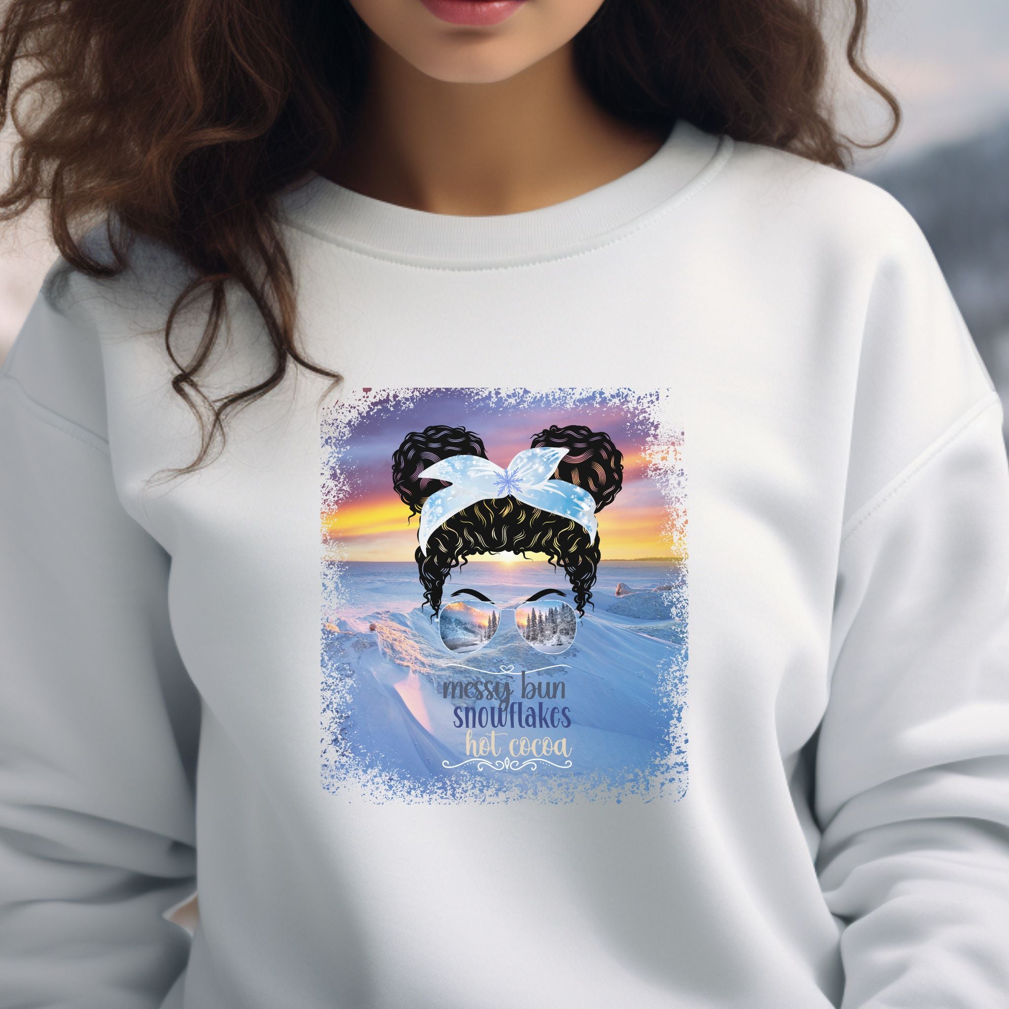 Messy Bun Winter Mountain, Black Hair Messy Bun, Unisex Heavy Blend™ Crewneck Sweatshirt