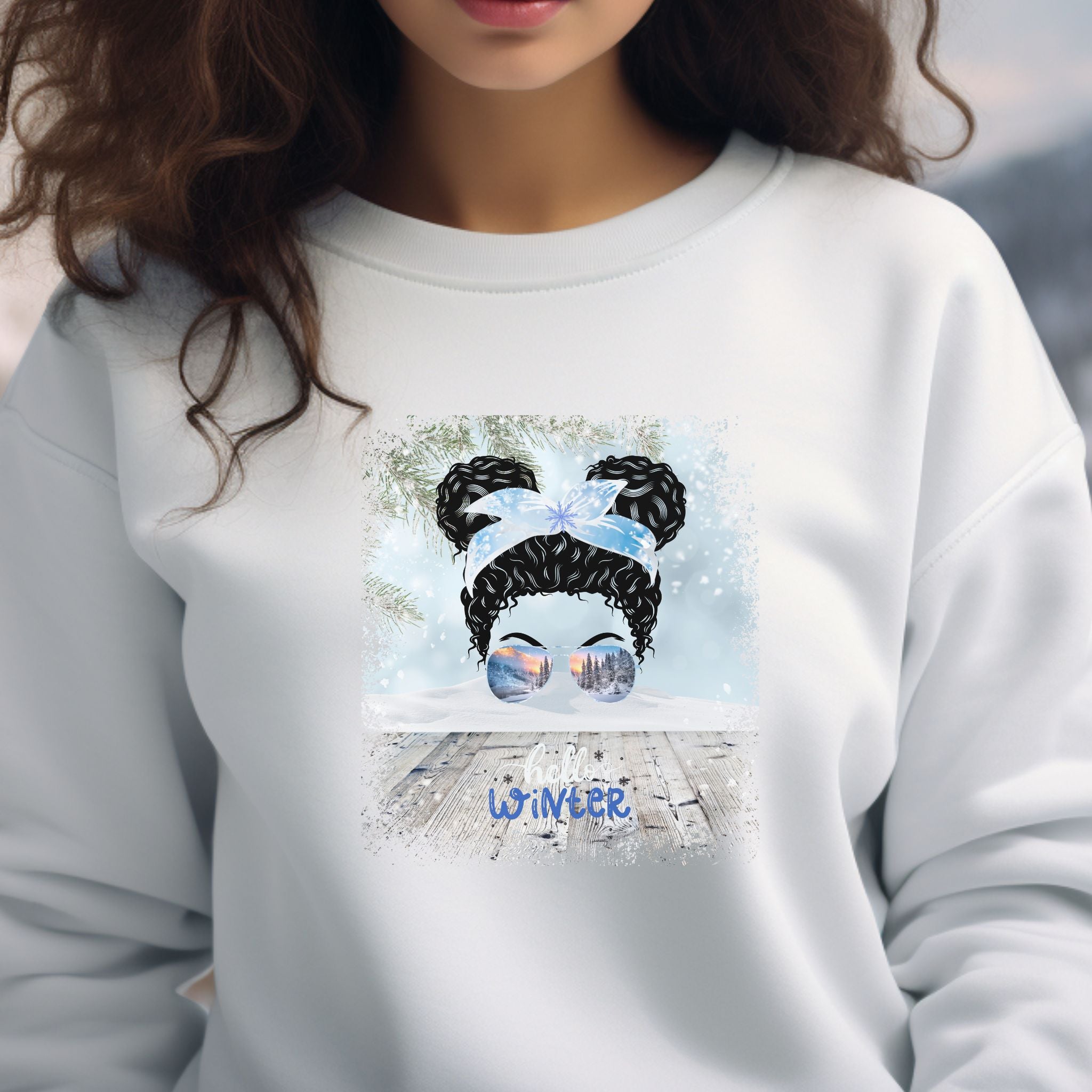 Hello Winter Snowy Porch, Black Hair Messy Bun, Unisex Heavy Blend™ Crewneck Sweatshirt