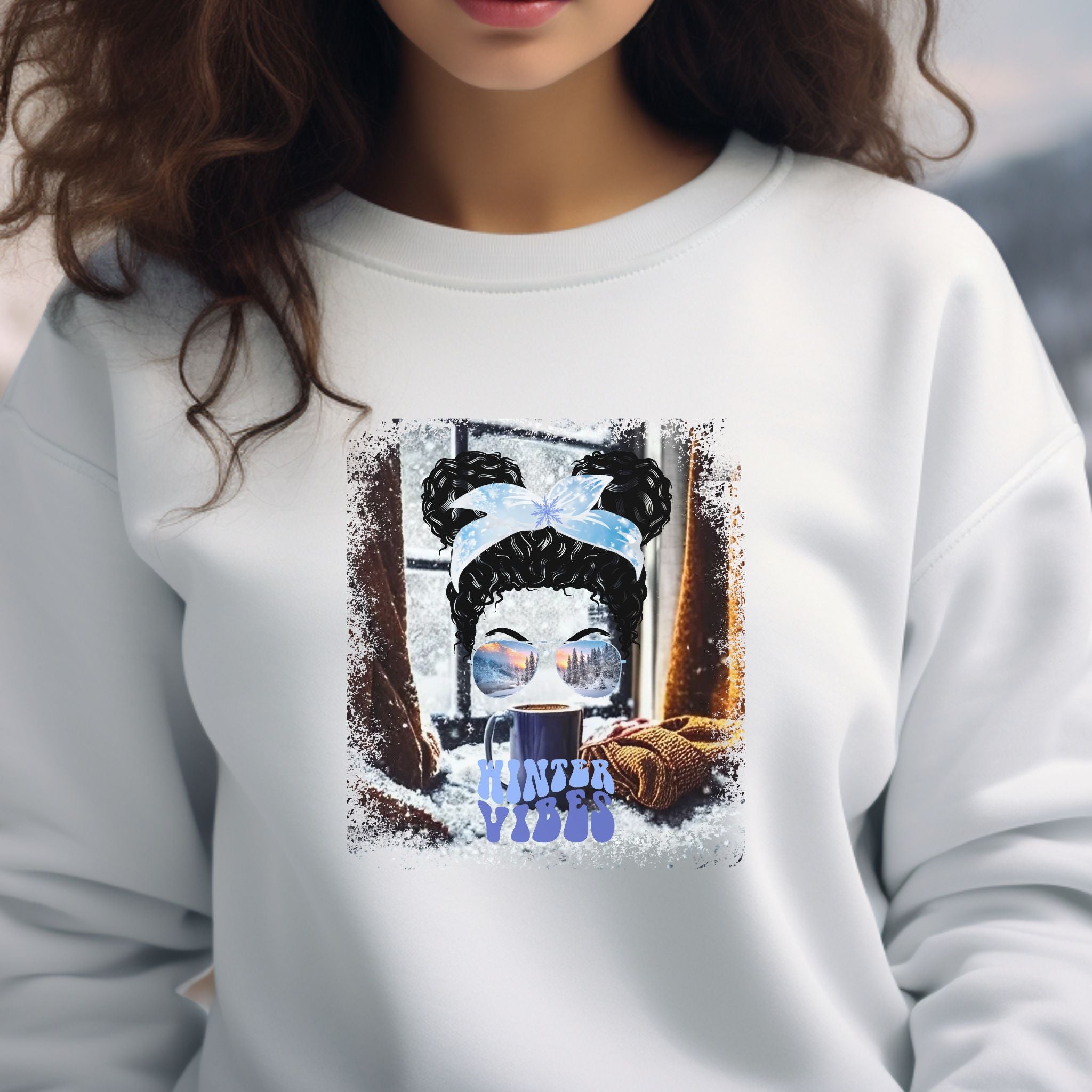 Winter Vibes Winter Sweater, Black Hair Messy Bun, Unisex Heavy Blend™ Crewneck Sweatshirt