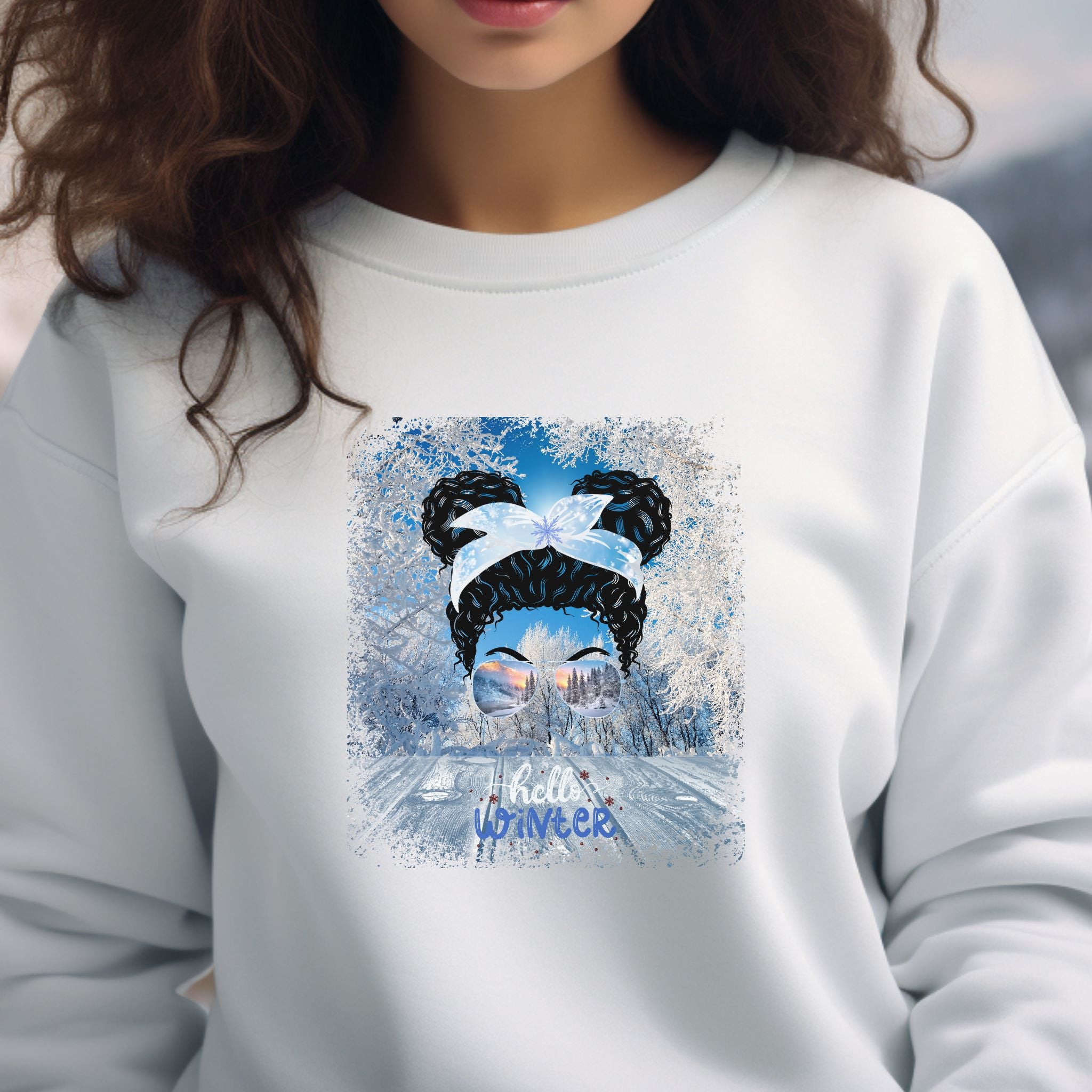 Hello Winter, Winter Porch, Black Hair Messy Bun, Unisex Heavy Blend™ Crewneck Sweatshirt