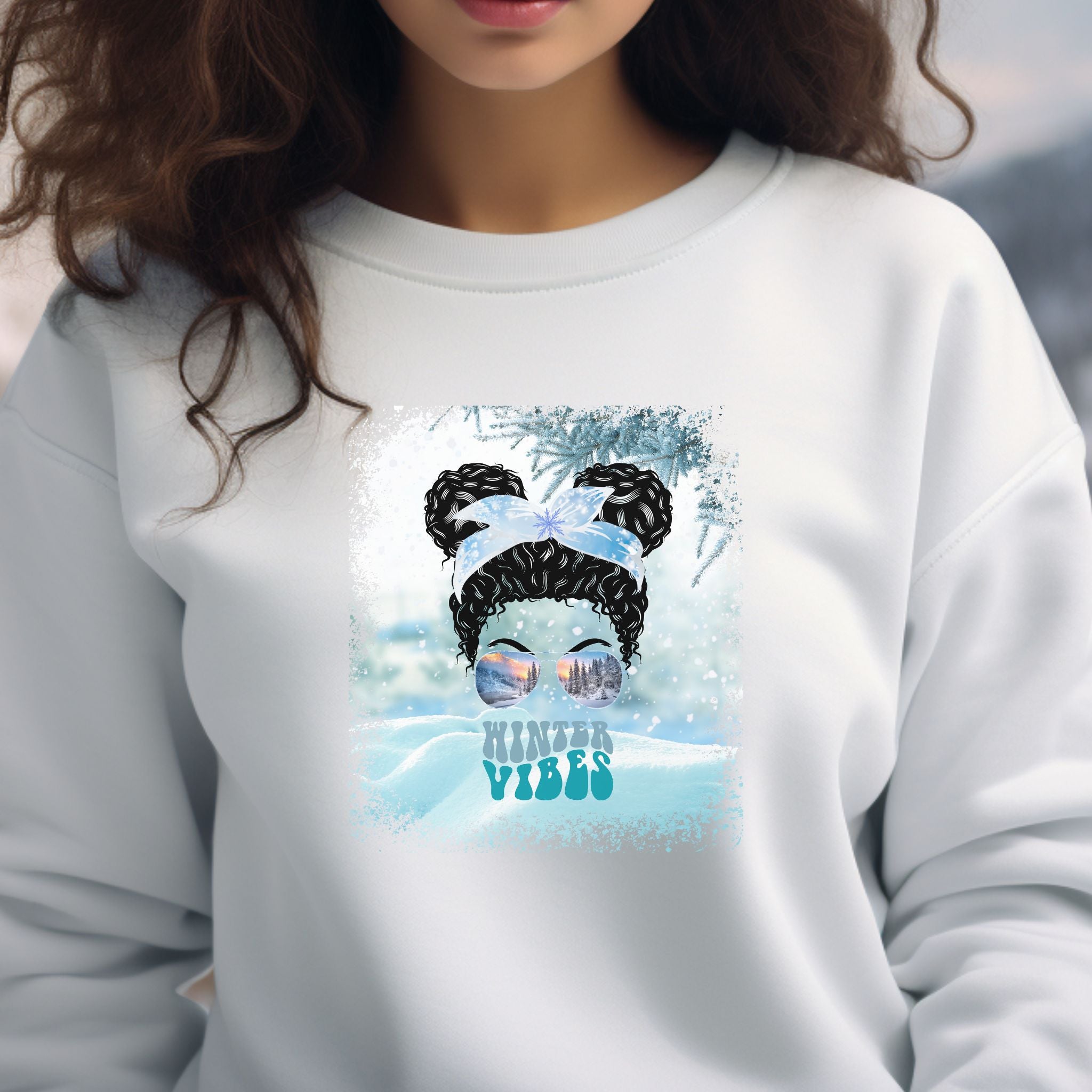 Winter Vibes Snow, Black Hair Messy Bun, Unisex Heavy Blend™ Crewneck Sweatshirt