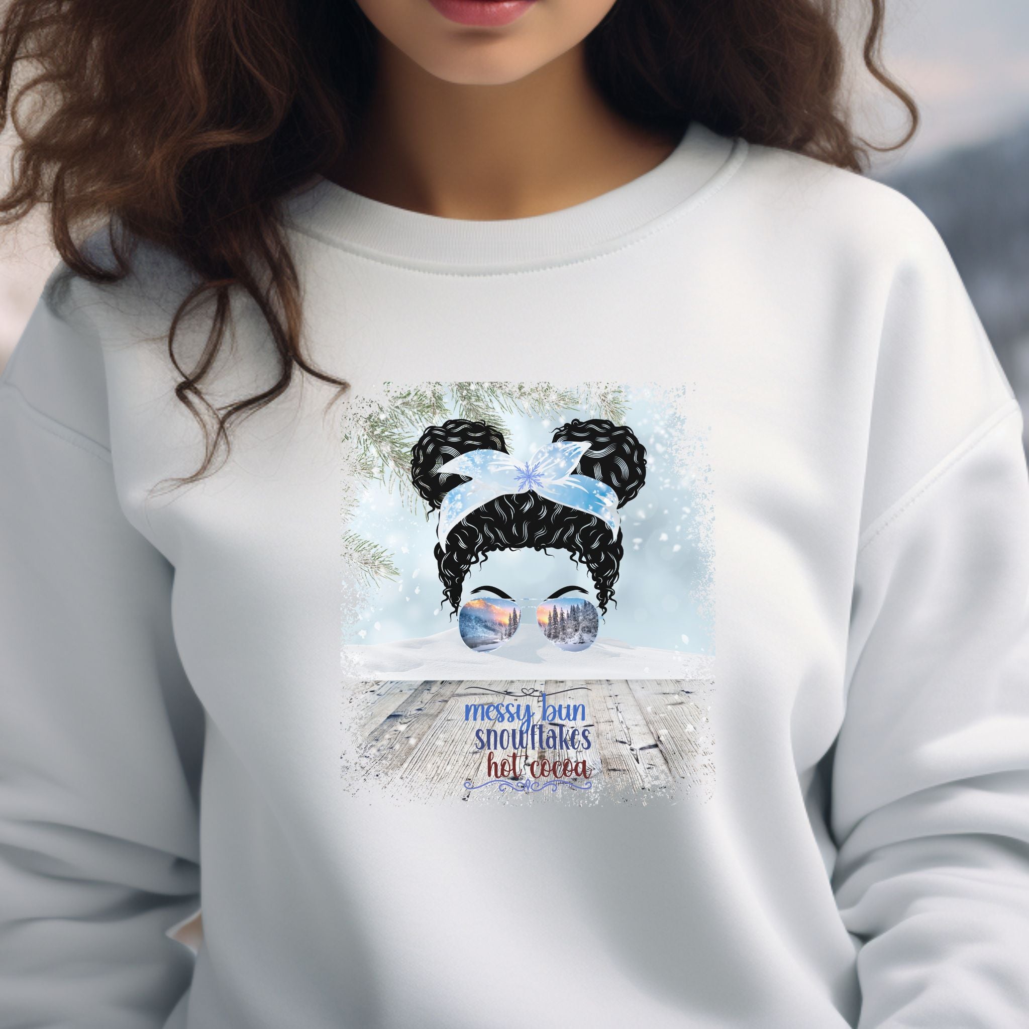 Messy Bun Snowy Porch, Black Hair Messy Bun, Unisex Heavy Blend™ Crewneck Sweatshirt