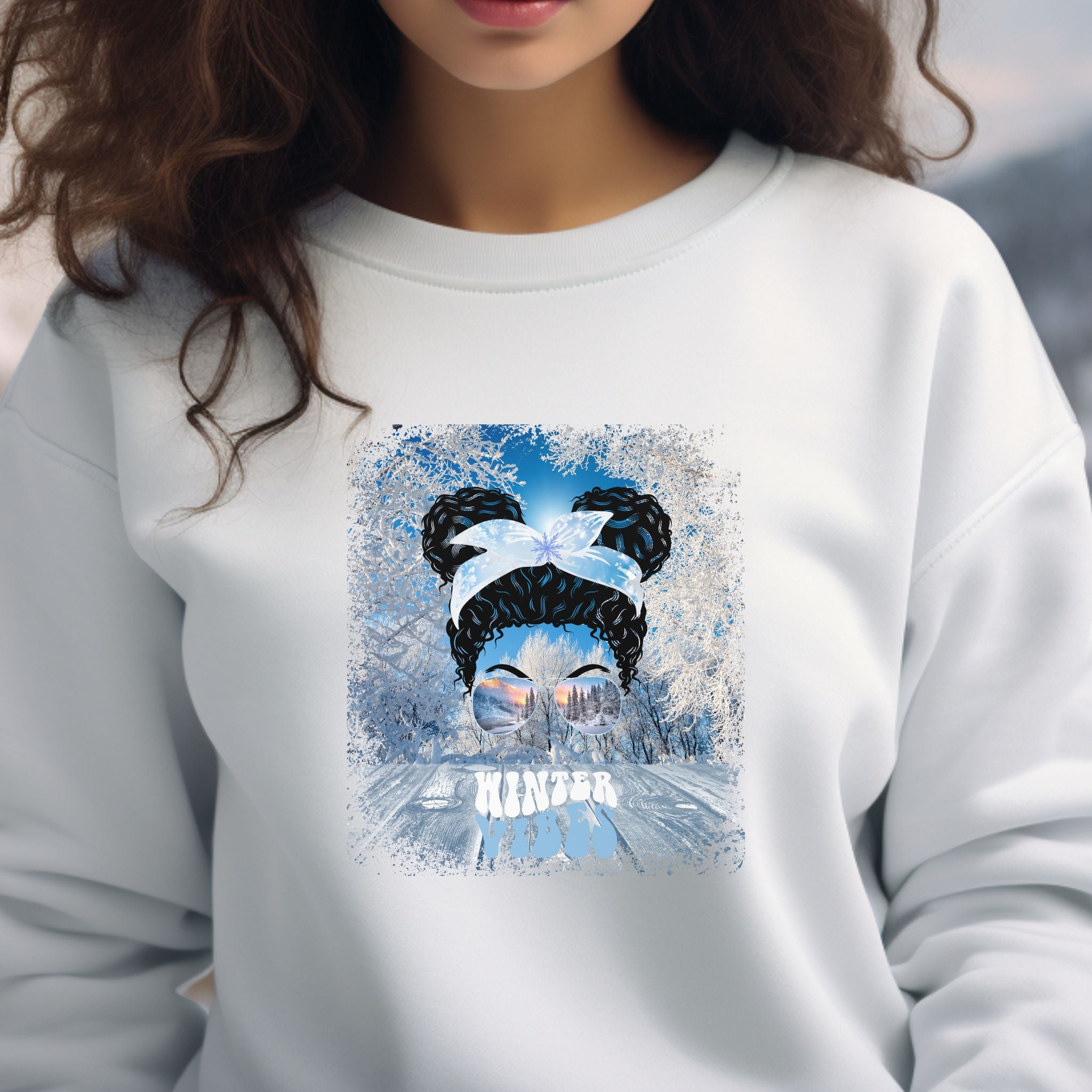 Winter Vibes Winter Porch, Black Hair Messy Bun, Unisex Heavy Blend™ Crewneck Sweatshirt