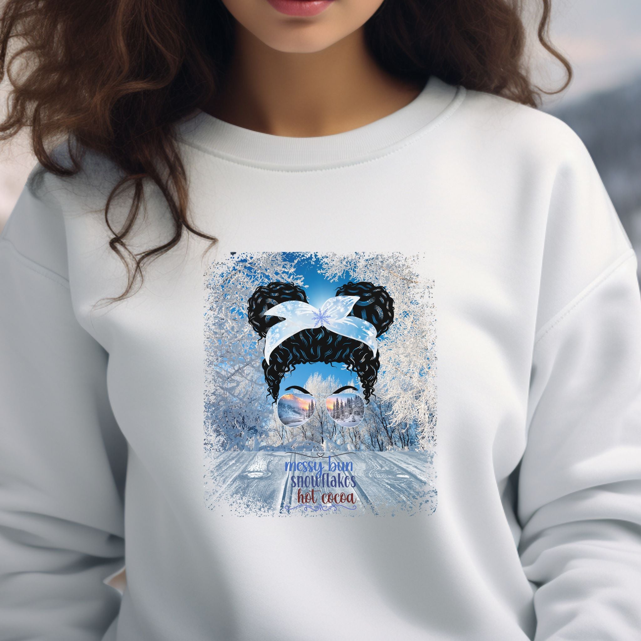 Messy Bun Winter Porch, Black Hair Messy Bun, Unisex Heavy Blend™ Crewneck Sweatshirt