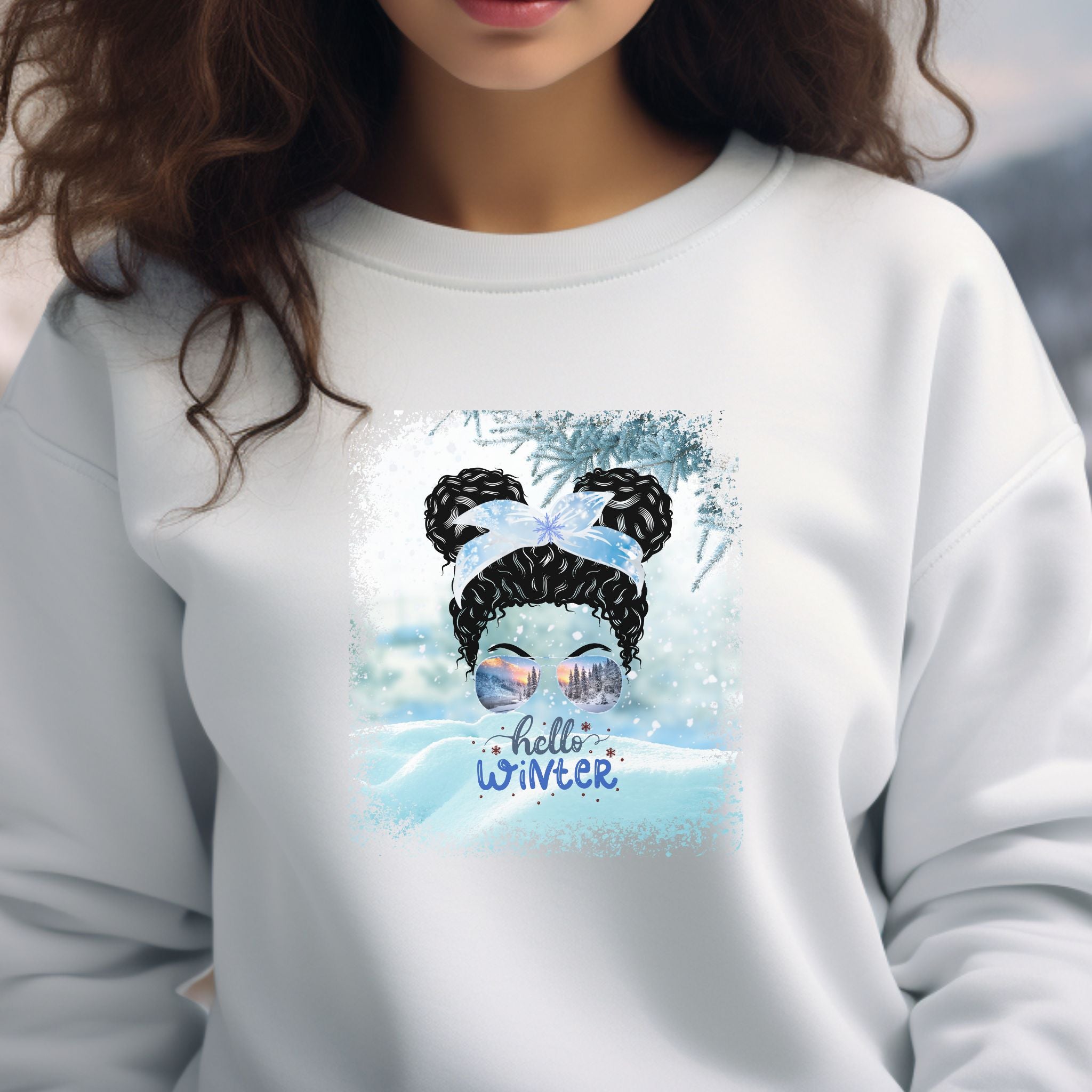 Hello Winter Snow, Black Hair Messy Bun, Unisex Heavy Blend™ Crewneck Sweatshirt