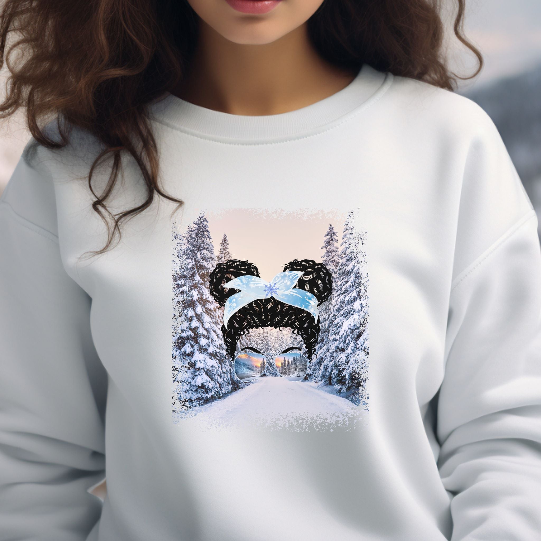 Winter Trail, Black Hair Messy Bun, Unisex Heavy Blend™ Crewneck Sweatshirt