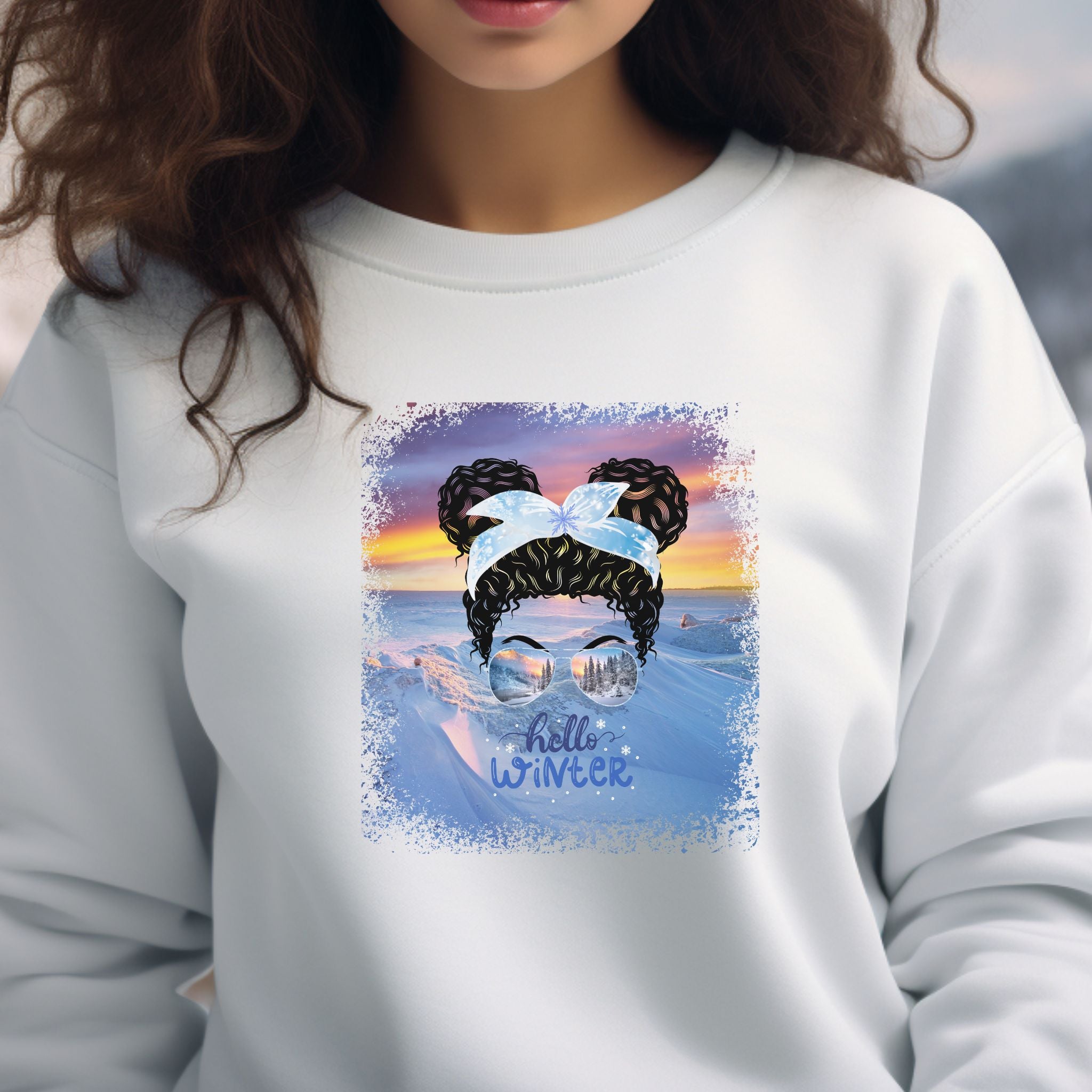 Hello Winter, Winter Mountain, Black Hair Messy Bun, Unisex Heavy Blend™ Crewneck Sweatshirt