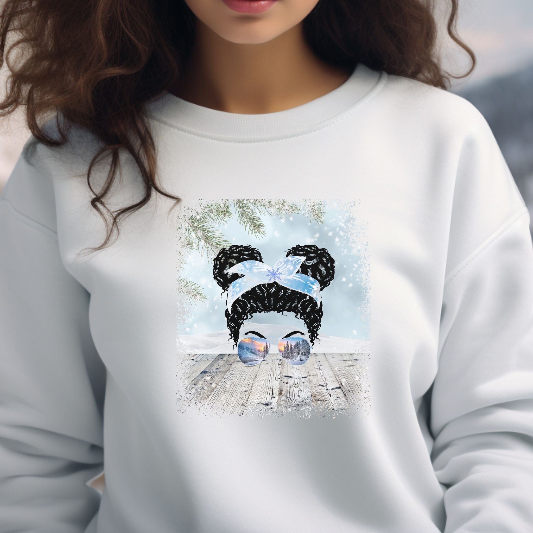 Snowy Porch, Black Hair Messy Bun, Unisex Heavy Blend™ Crewneck Sweatshirt