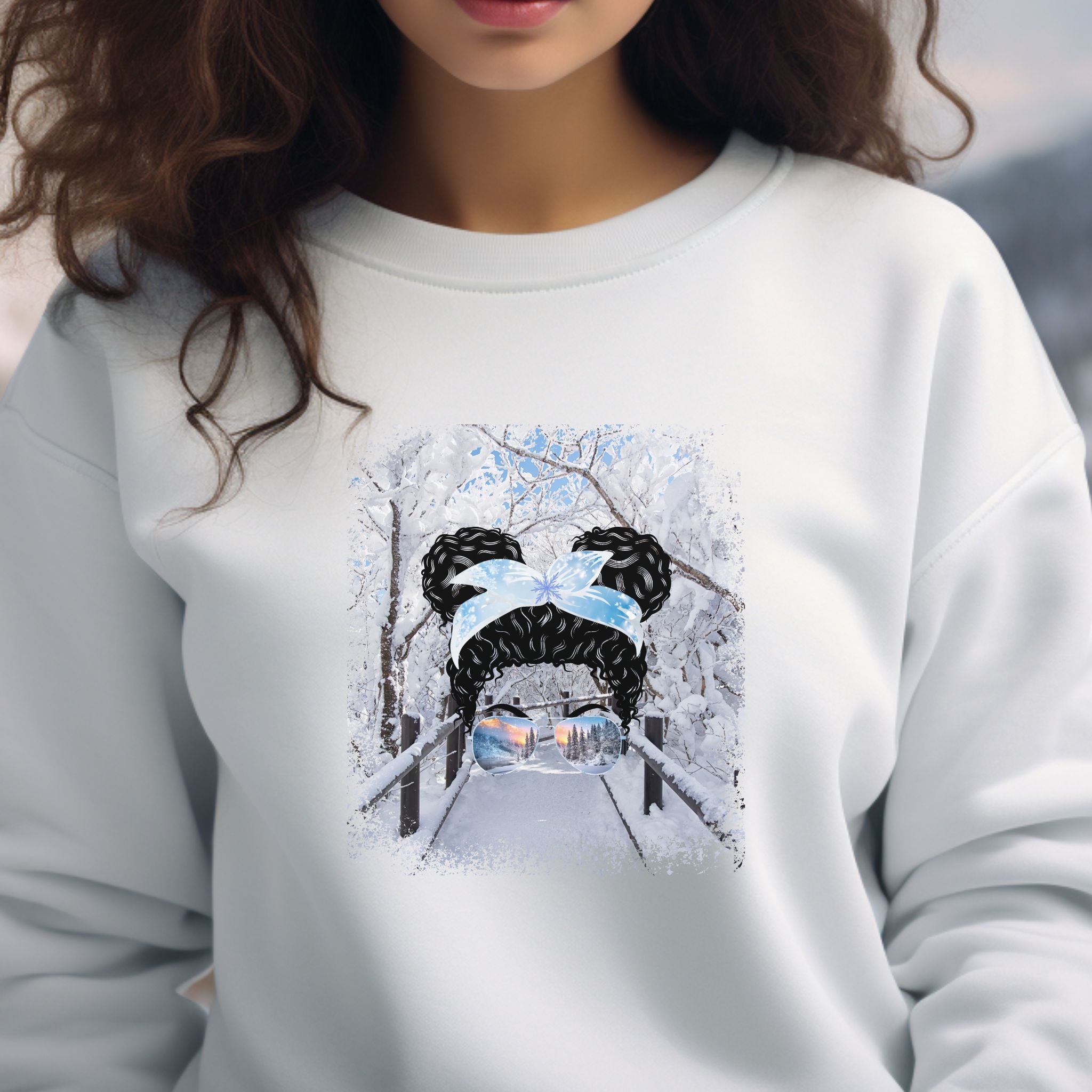 Winter Hike, Black Hair Messy Bun, Unisex Heavy Blend™ Crewneck Sweatshirt