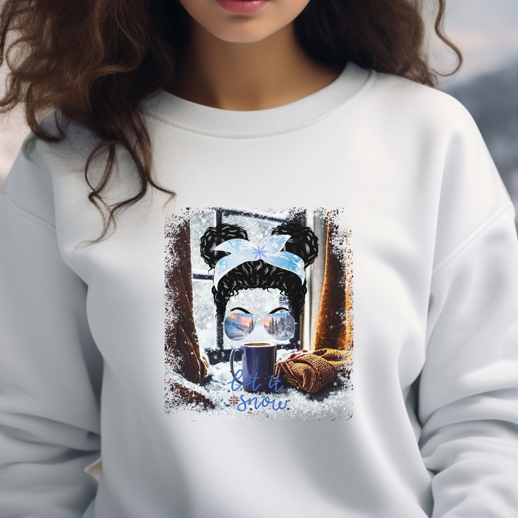 Let it Snow Winter Sweater, Black Hair Messy Bun, Unisex Heavy Blend™ Crewneck Sweatshirt