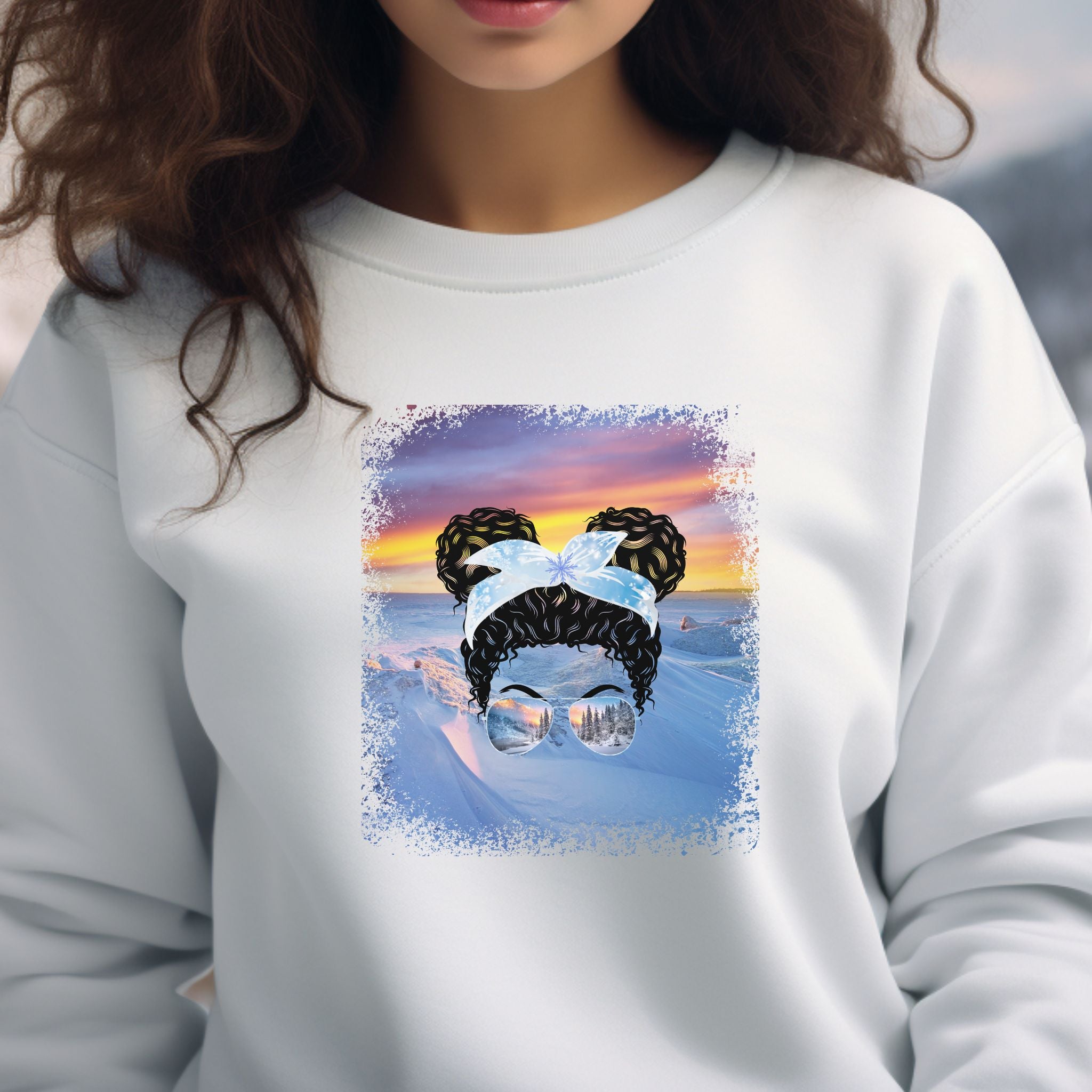 Winter Mountain, Black Hair Messy Bun, Unisex Heavy Blend™ Crewneck Sweatshirt