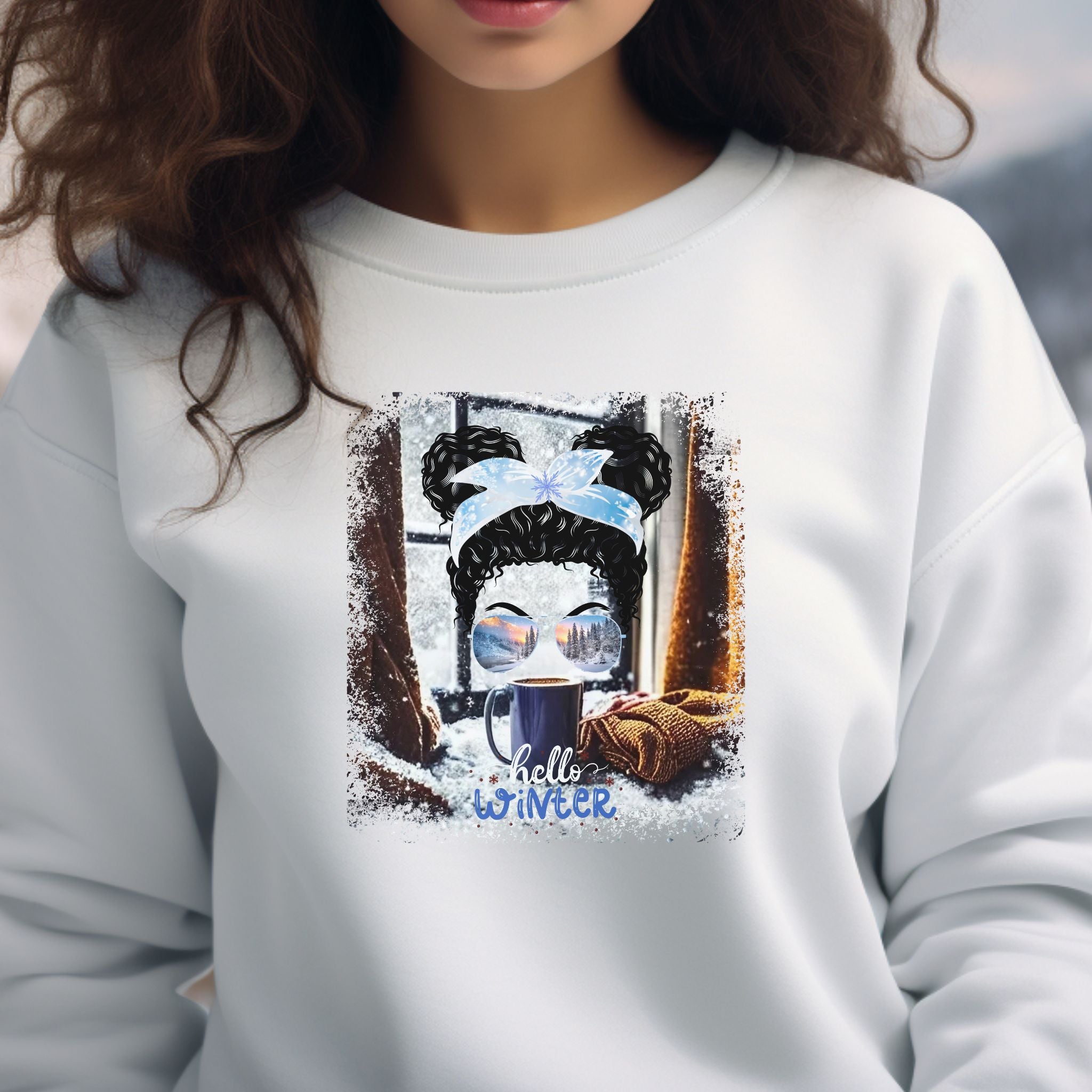 Hello Winter, Winter Sweater, Black Hair Messy Bun, Unisex Heavy Blend™ Crewneck Sweatshirt